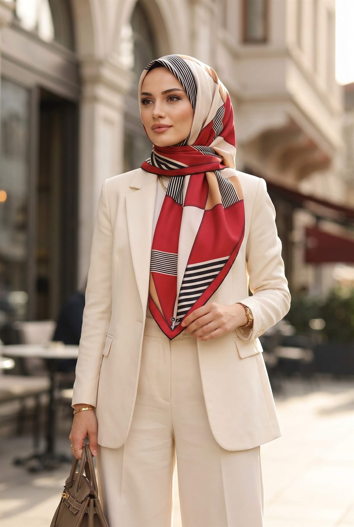 %100 Twill İpek Çizgili ve Geometrik Desenli Bordo - Vizon Renkli 90x90 Eşarp Dikim Şekli : El Dikişi