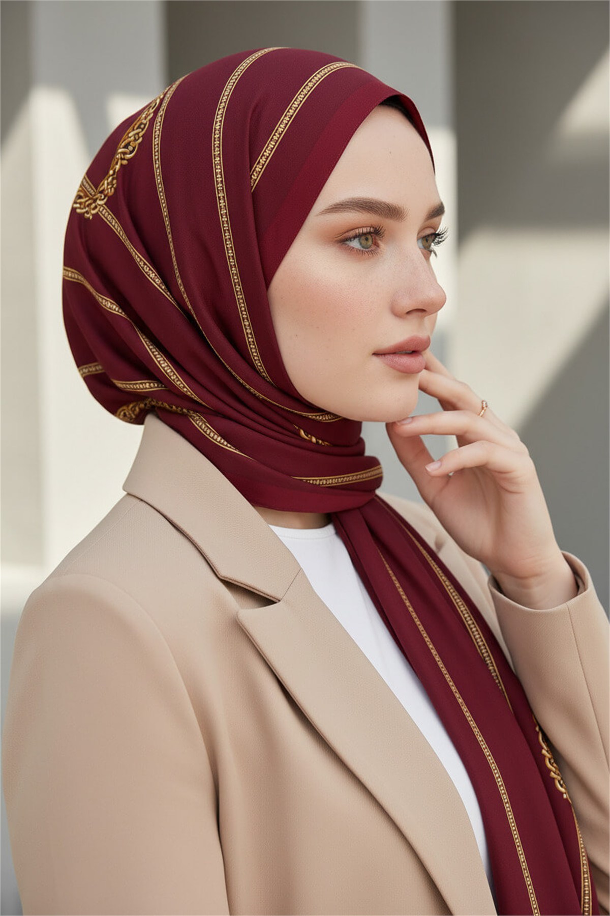 KREP ZİNCİR DESENLİ BORDO RENKLİ 75X195 KIRIŞMAZ ŞAL