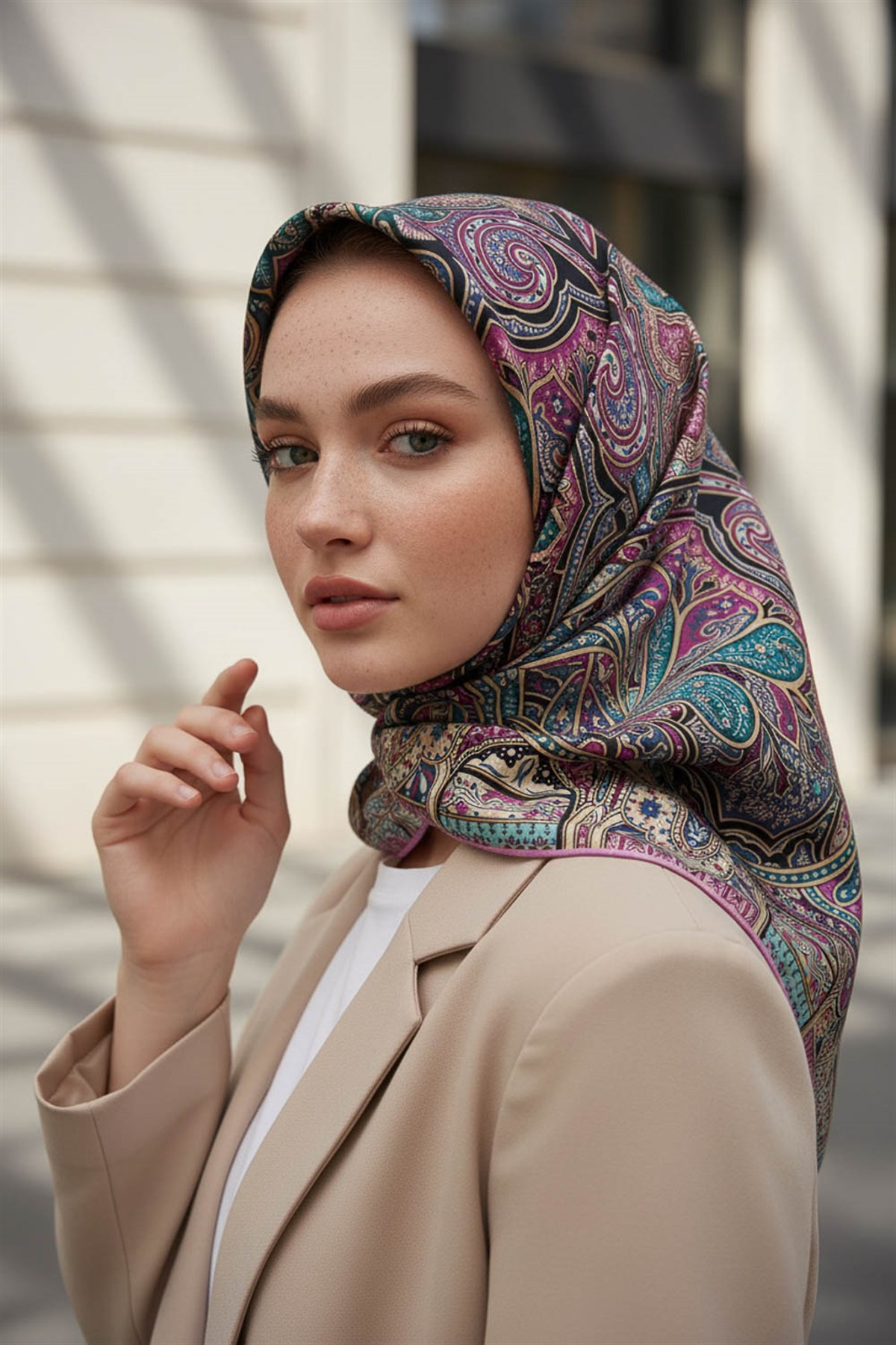 100% Twill İpek Etnik Desenli Pembe Renkli 90x90 Dikim Şekli : El Dikişi Eşarp