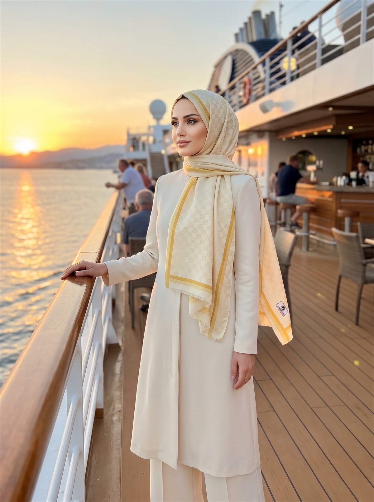 %57 İpek %43 Pamuk Monagram Dokumalı Krem- Sarı Renkli 70X190 Yumuşak Dökümlü Şal