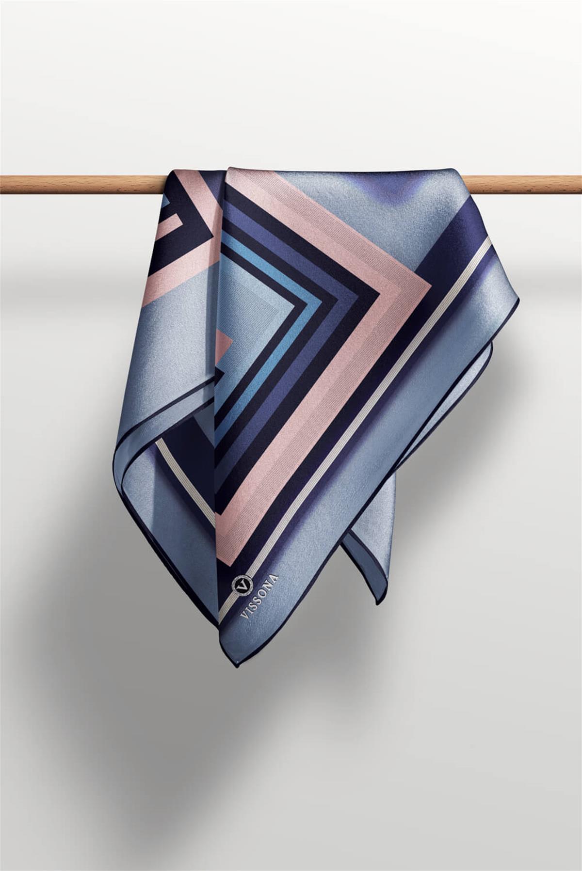 %100 Twill İpek Kare Desenli İndigo - Pudra Renkli 90x90 Eşarp Kenar Dikiş Şekli El Dikişli