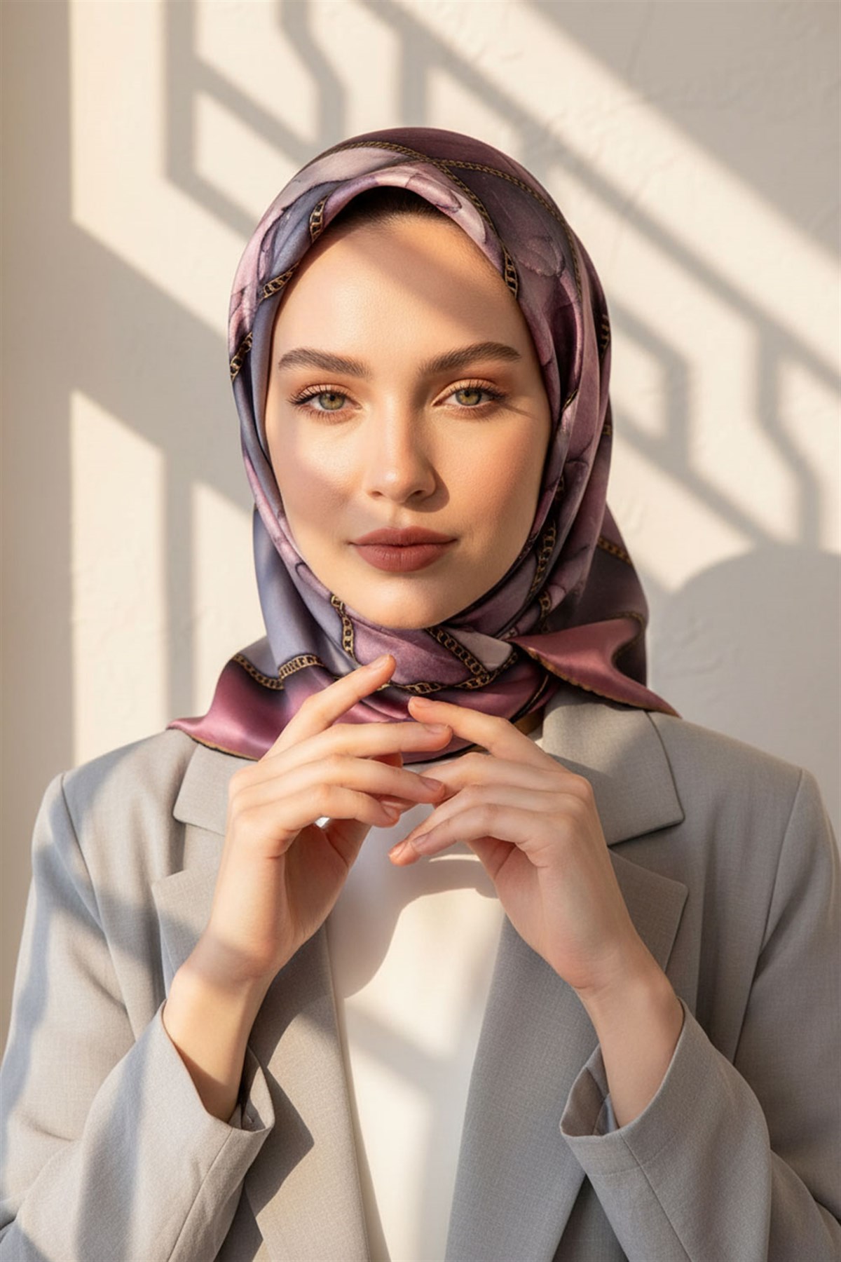 %100 Twill İpek Efektli Bant Desenli Lila - Gri Renkli 90x90 Eşarp Dikim Şekli : El Dikişi