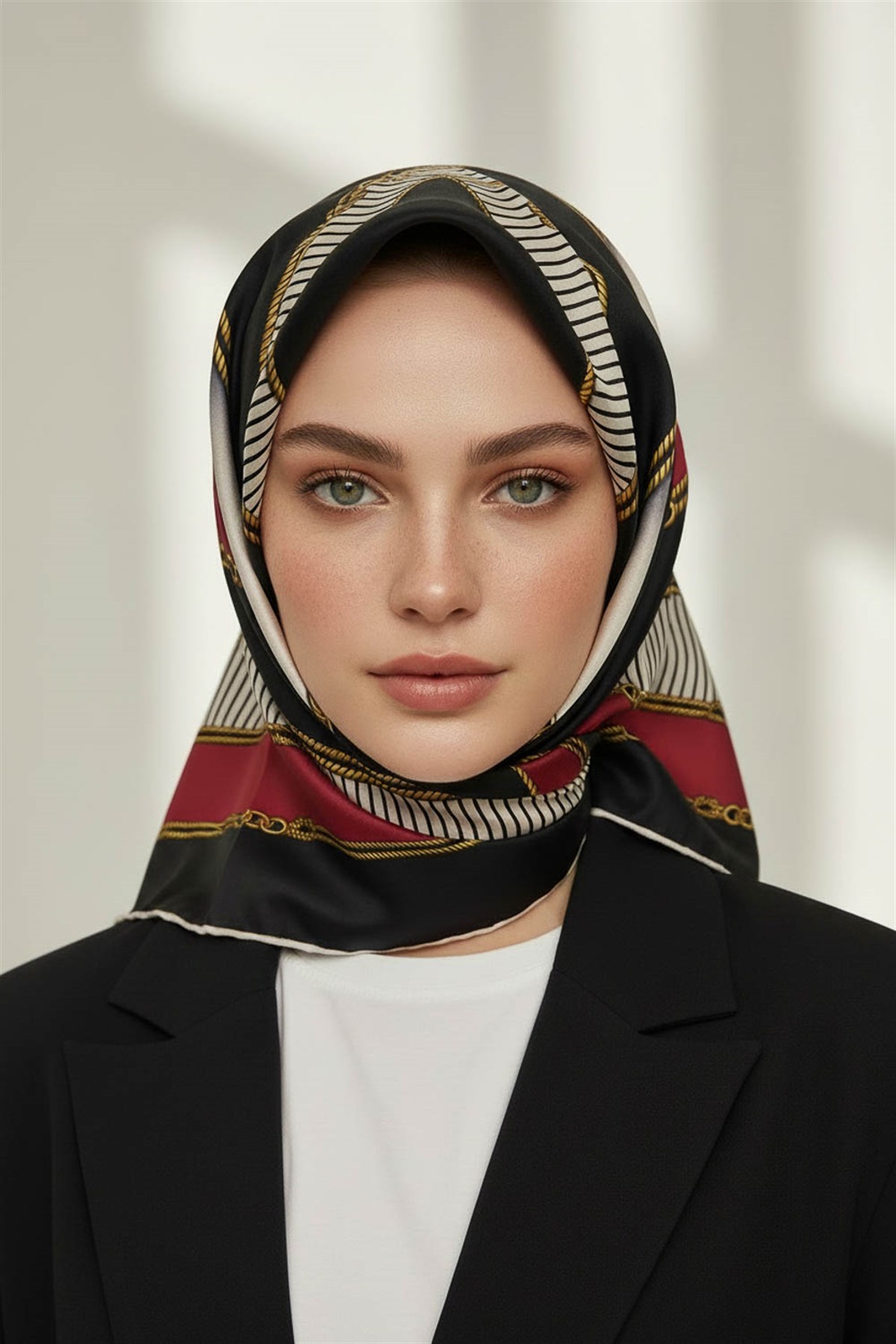 %100 Twill İpek Zincir Detaylı Geometrik Desenli Bordo - Siyah Renkli 90x90 Eşarp Dikim Şekli : El Dikişi