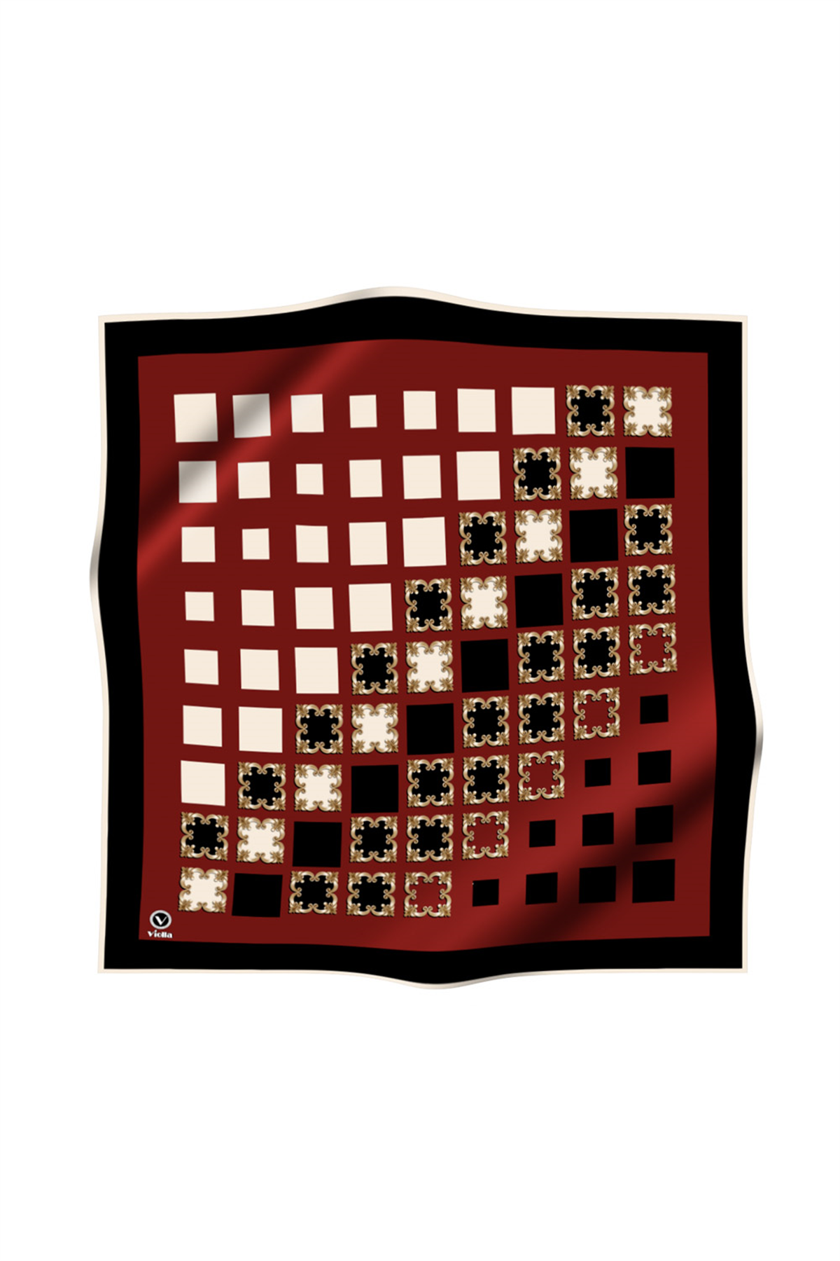 Twill Gold Detaylı Kare Desenli Bordo - Siyah Renkli 90x90 Eşarp (İpek İçermez) Kenar Dikiş Şekli El Dikişli