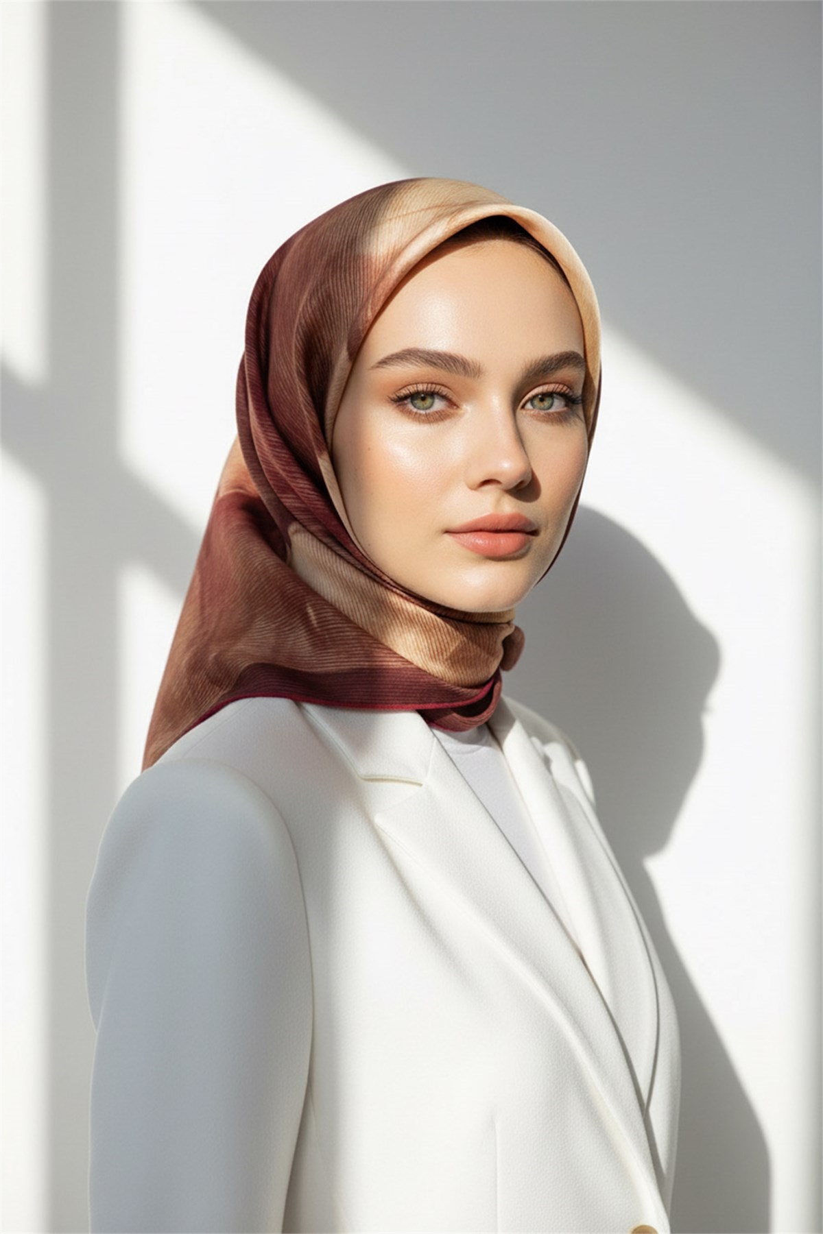 %100 Twill İpek Yaprak Desenli Bordo Renkli 90x90 Eşarp Dikim Şekli : El Dikişi