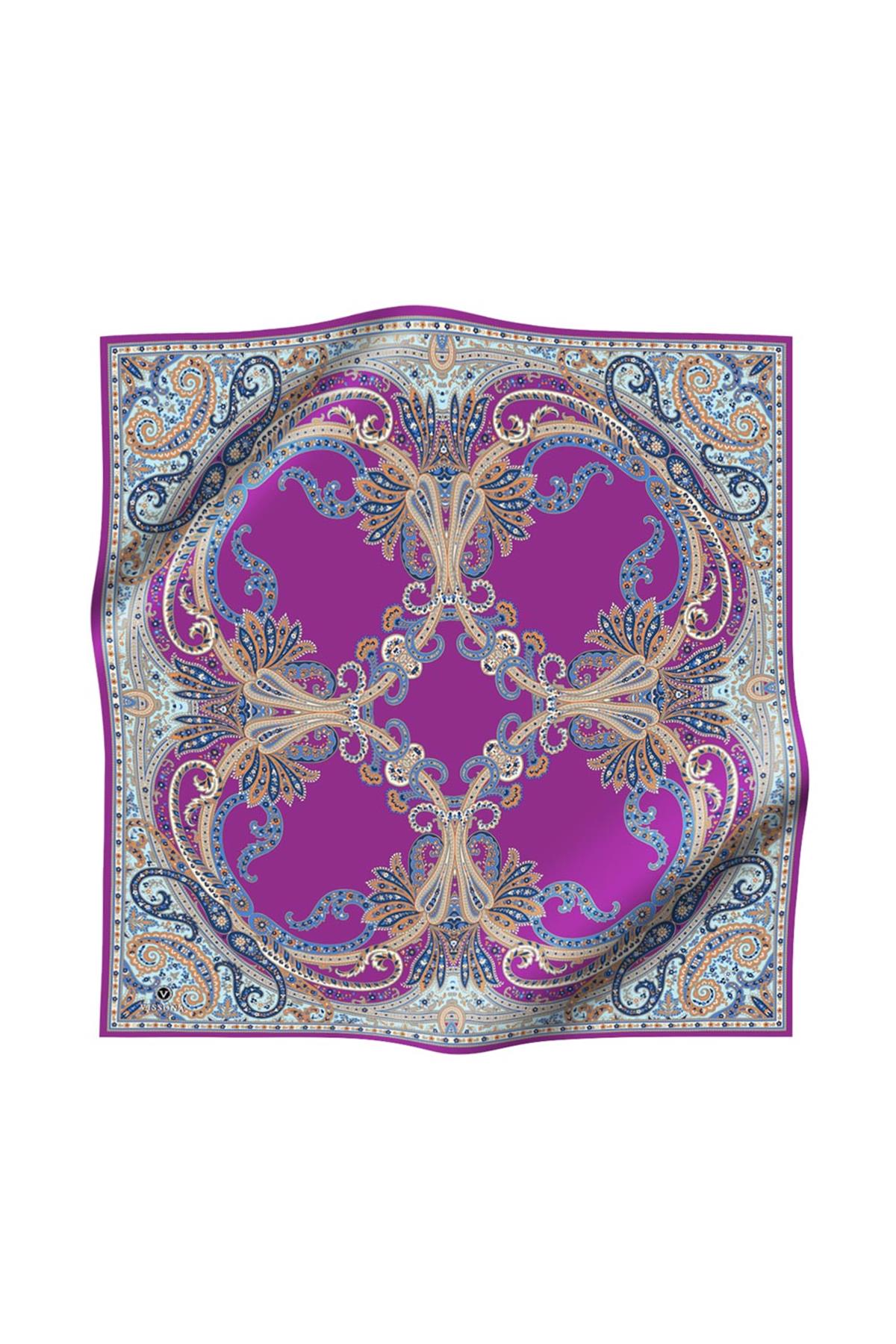 %100 Twill İpek Şal Desenli Fuşya Renkli 90x90 Eşarp Dikim Şekli : El Dikişi