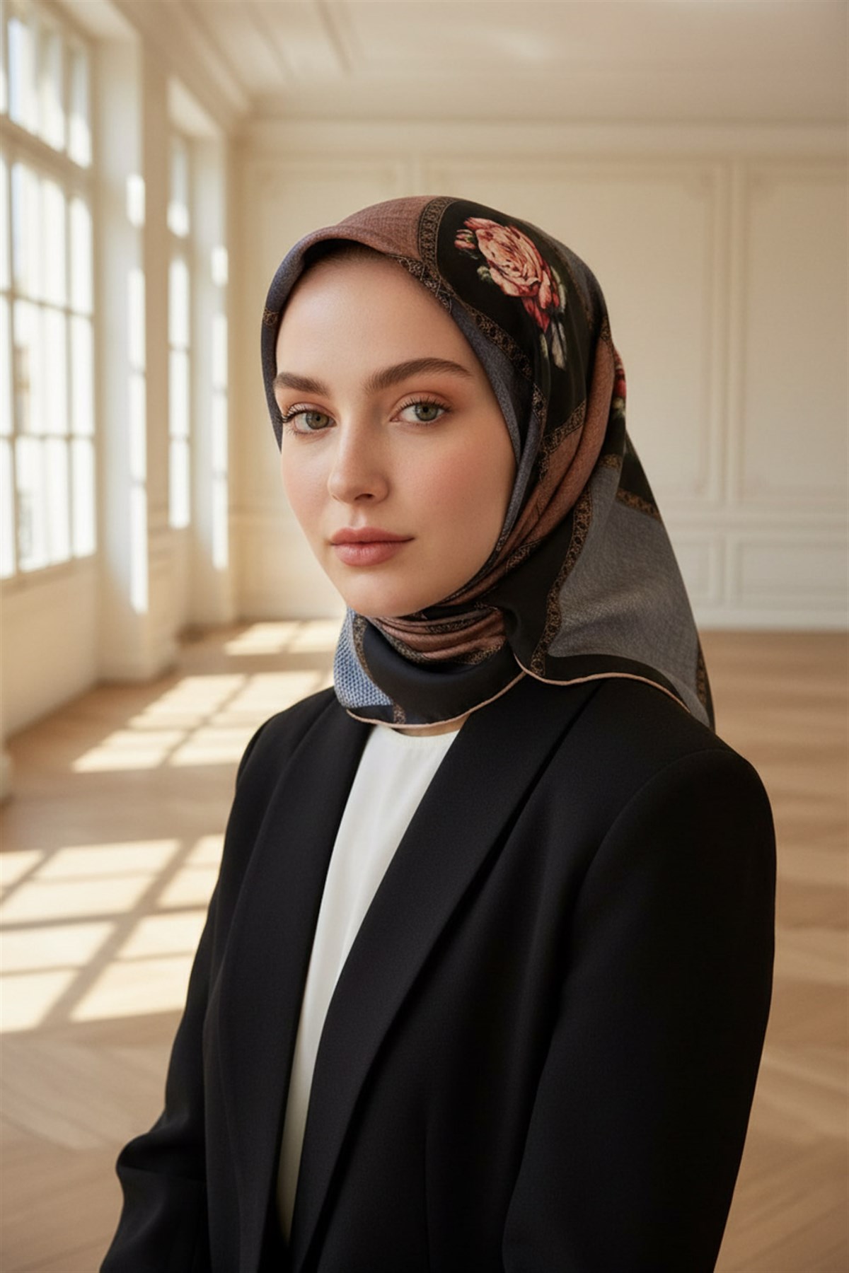 %100 Twill İpek Dokulu Çiçekli Ve Geometrik Desenli Pudra - Siyah Renkli 90x90 Eşarp Dikim Şekli : El Dikişi