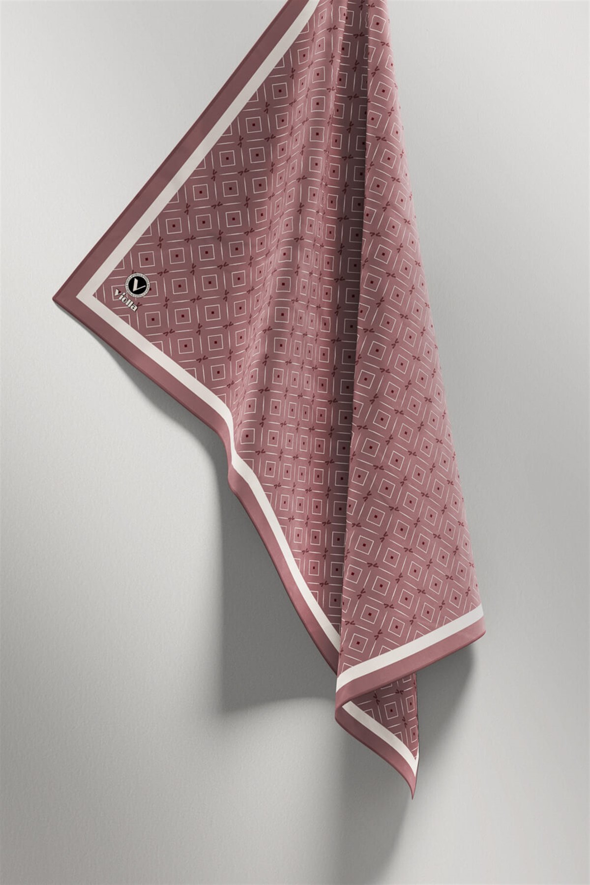 Twill Çıtır Geometrik Desenli Pudra Renkli 90x90 Eşarp (İpek İçermez) Kenar Dikiş Şekli El Dikişli