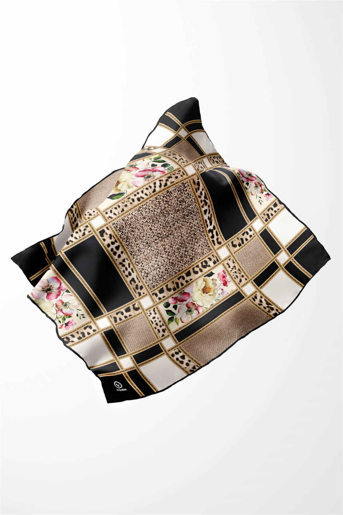Twill Leopar ve Çiçek Desenli Siyah - Krem Renkli 90x90 Eşarp (İpek İçermez) Dikim Şekli : El Dikişi