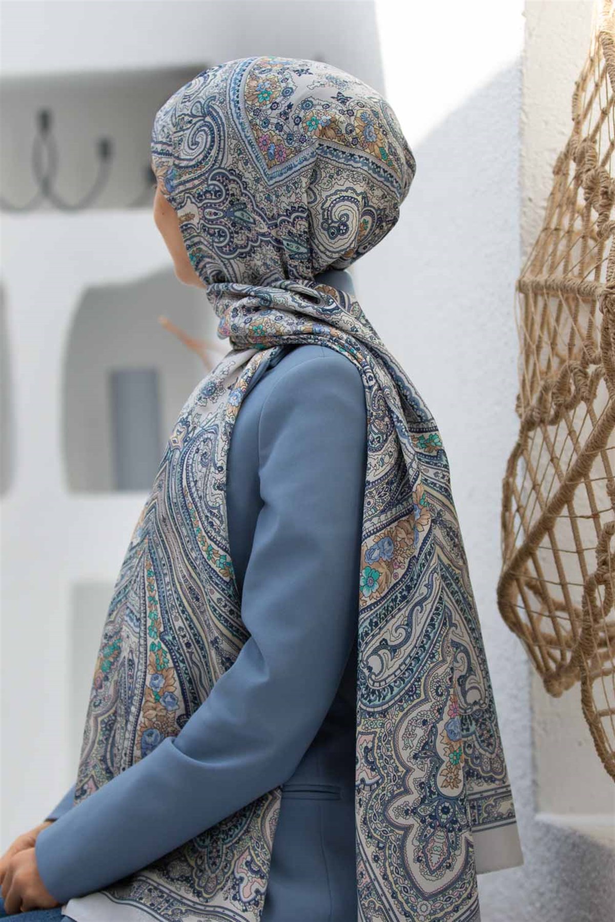 %100 İpek Etro Desenli Gri Renkli 92x210 Şal