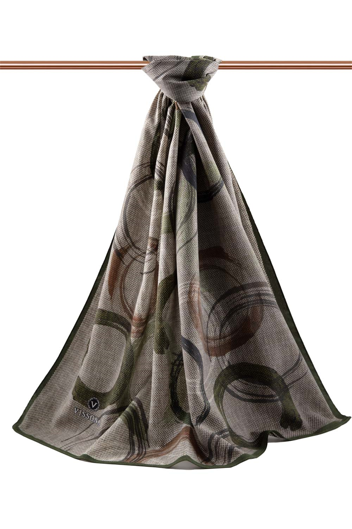 LÜKS MEDİNE GEOMETRİK DESENLİ HAKİ RENKLİ 75X195 KIRIŞMAZ ŞAL MOSS KREP DİKİŞ TİPİ İTALYAN DİKİŞLİ