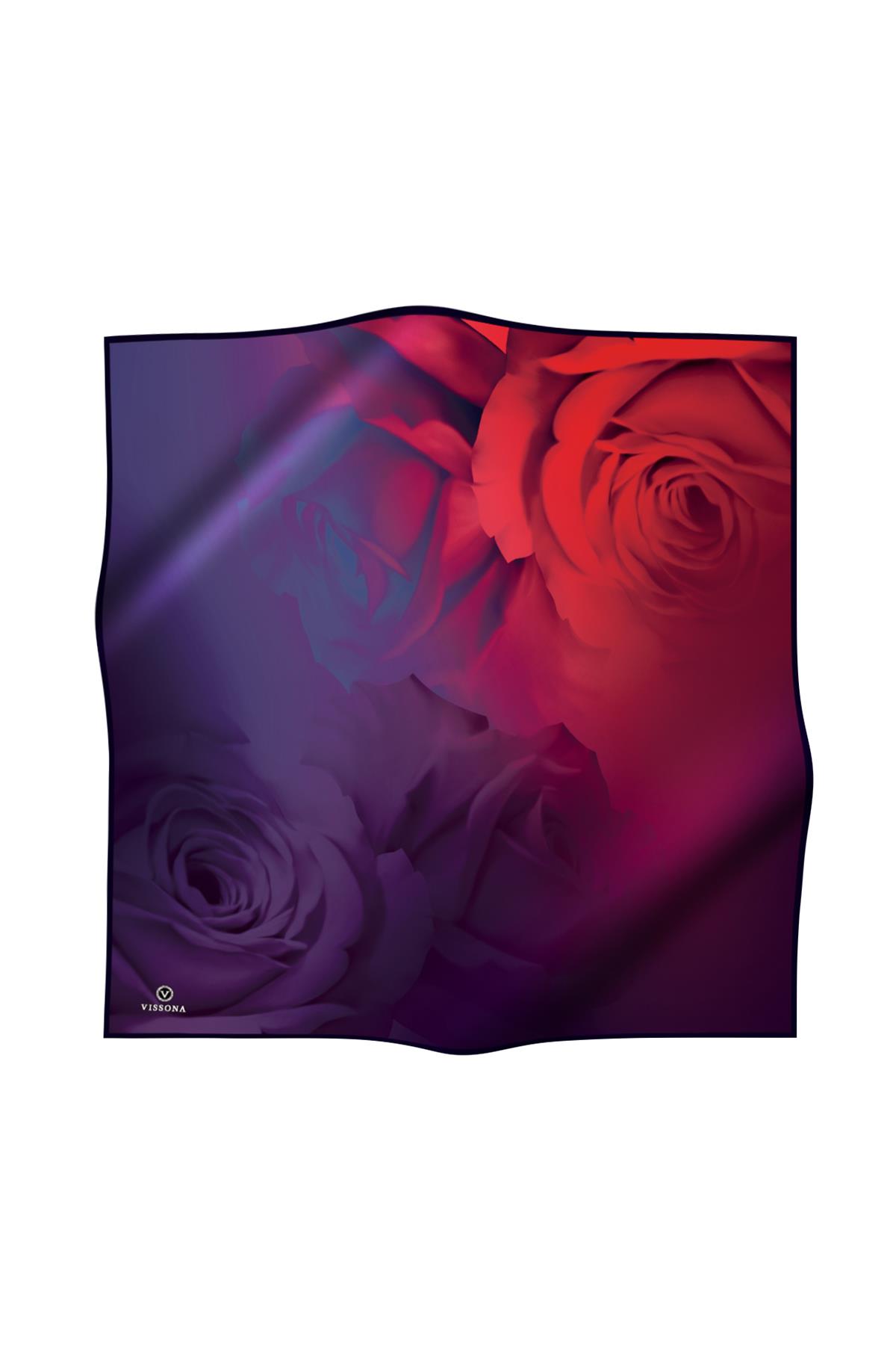 %100 Twill İpek Gül Desenli Kırmızı - Lacivert Renkli 90x90 Eşarp Dikim Şekli : El Dikişi