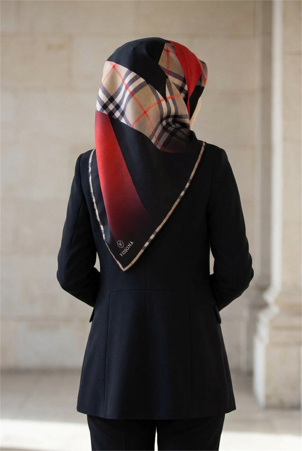 %100 Twill İpek Eşarp 90x90 Kırmızı Siyah Ekose Desenli El Dikişli Kadın Eşarp