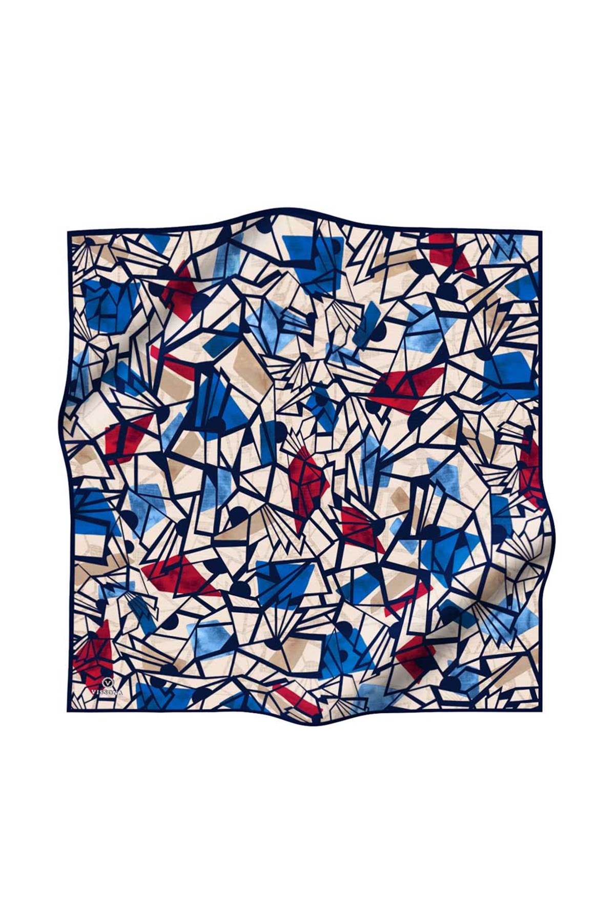 %100 Twill Renkli Petek Desenli Mavi - Kırmızı Renkli 90x90 Eşarp Dikim Şekli: El Dikişii