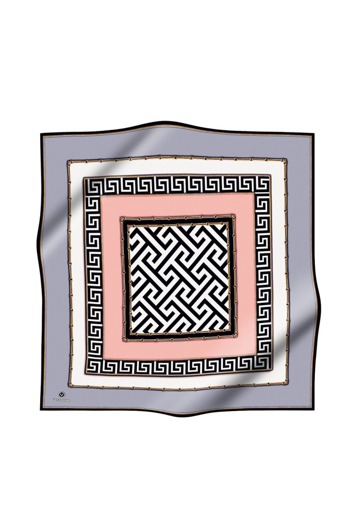 %100 Twill İpek Labirent Ve Geometrik Desenli Gri - Pudra Renkli 90x90 Eşarp Dikim Şekli : El Dikişi