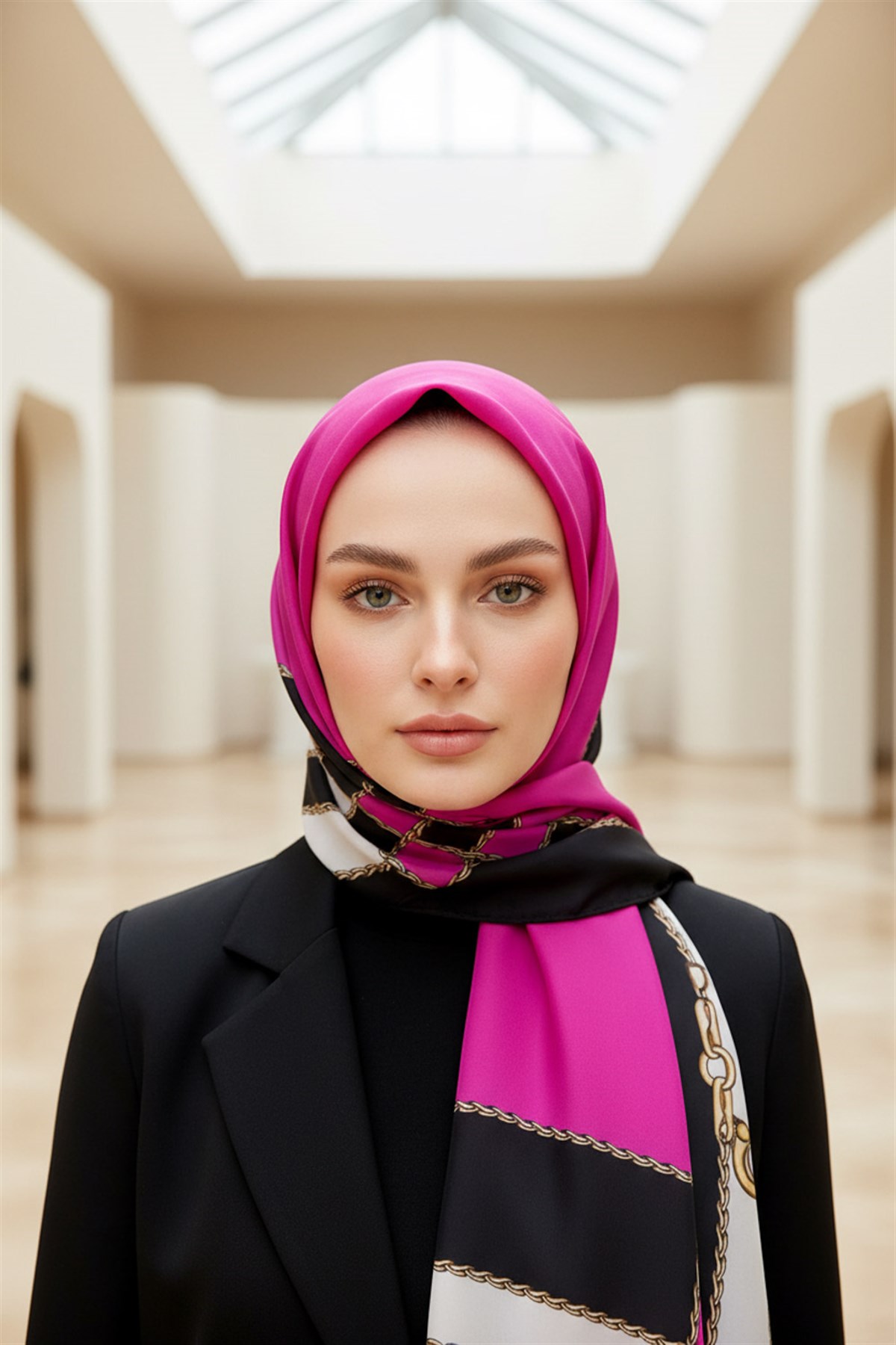 %100 Saf İpek Şal İnce Saten Vual Dokuma Geometrik Desenli Siyah - Fuşya Renkli 90x210 Şal