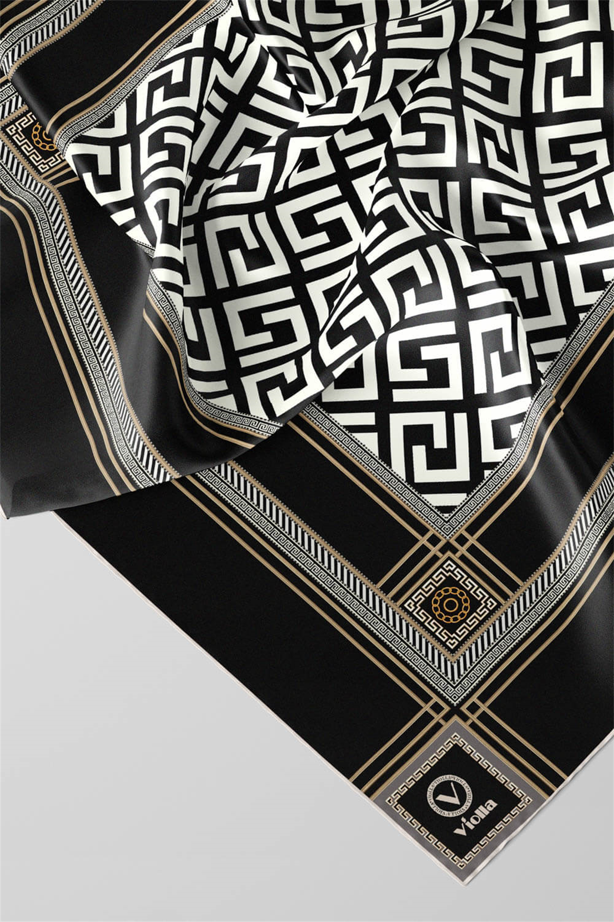 Twill Antik Desenli Siyah Renkli 90x90 Eşarp (İpek İçermez) Kenar Dikiş Şekli El Dikişli