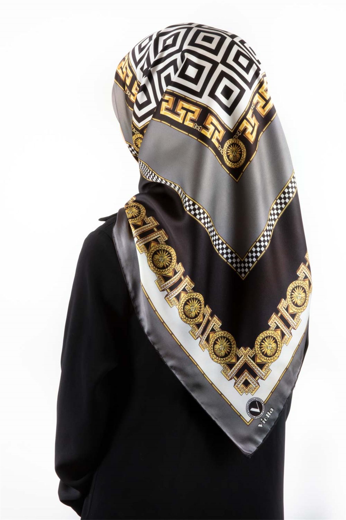 Twill Çizgili Barok Desenli Gri Renkli 90x90 Eşarp (İpek İçermez) Kenar Dikiş Şekli El Dikişli
