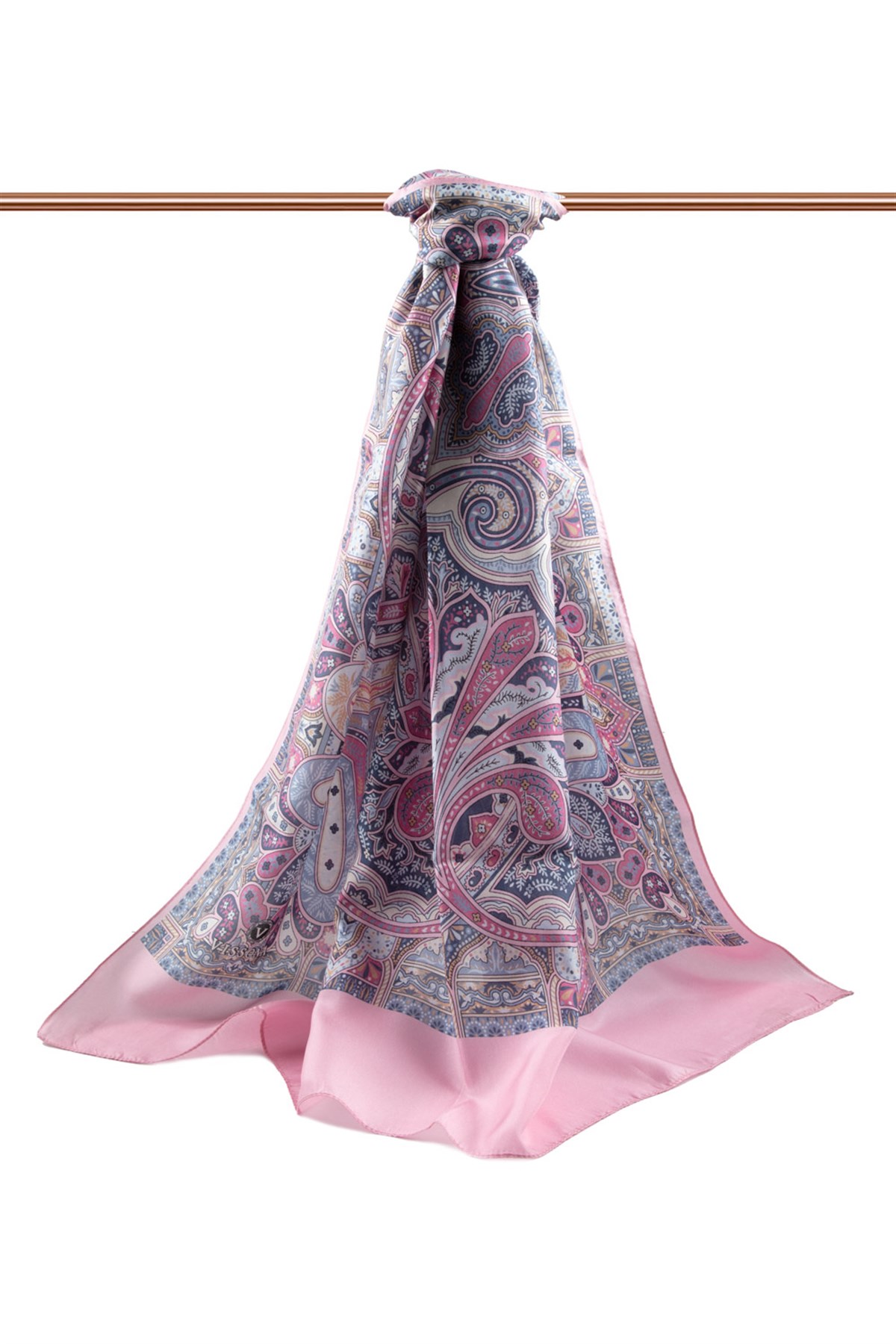 %100 Saf İpek Şal İnce Saten Vual Dokuma Etnik Desenli Pembe Renkli 90x210 Şal