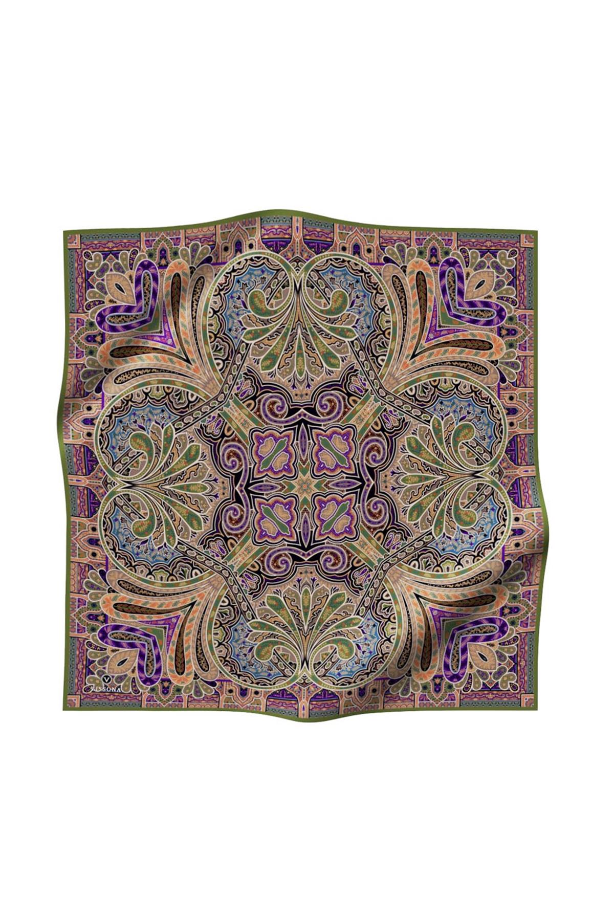 100% Twill İpek Etnik Desenli Haki Renkli 90x90 Dikim Şekli : El Dikişi Eşarp