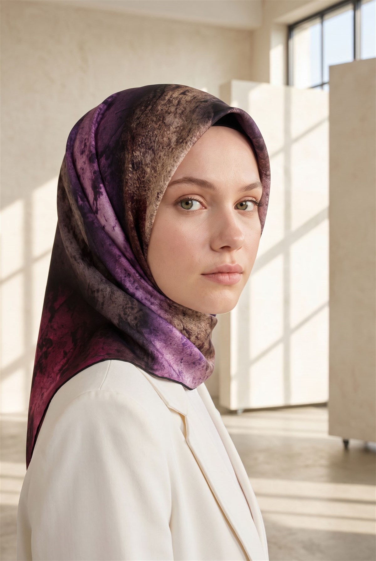 % 57 İPEK % 43 VİSKON Twill İpek Dokulu Ve Geometrik Desenli Mürdüm - Vizon Renkli 90x90 Eşarp Dikim Şekli : El Dikişi
