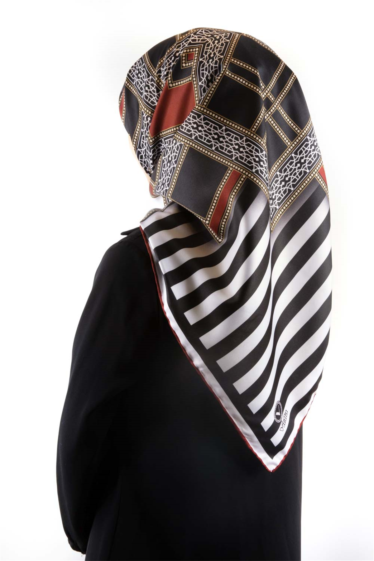 Twill Çizgili ve Kareli Desenli Bordo Renkli 90x90 Eşarp (İpek İçermez) Kenar Dikiş Şekli El Dikişli