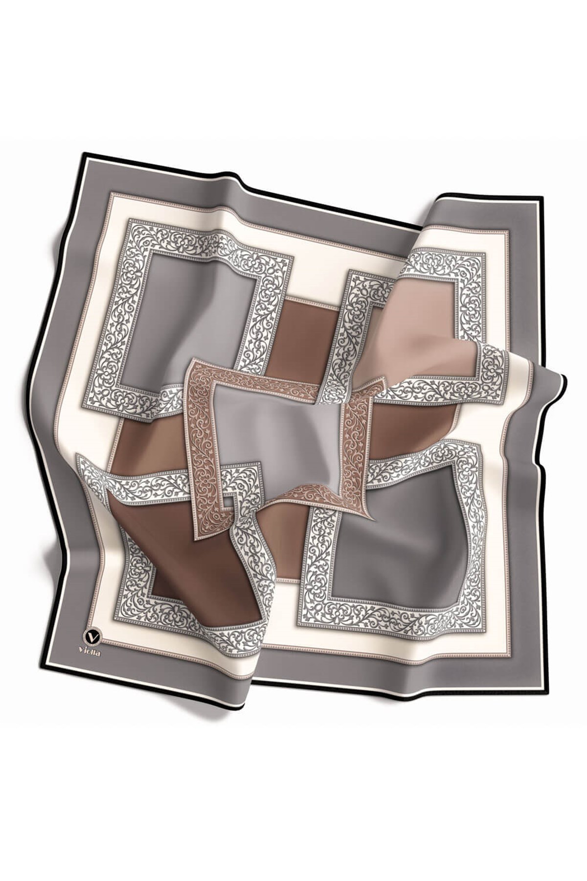 Kristal Geometrik Desenli Gri - Bej Renkli 90x90 Eşarp (İpek İçermez) Kenar Dikiş Şekli El Dikişli