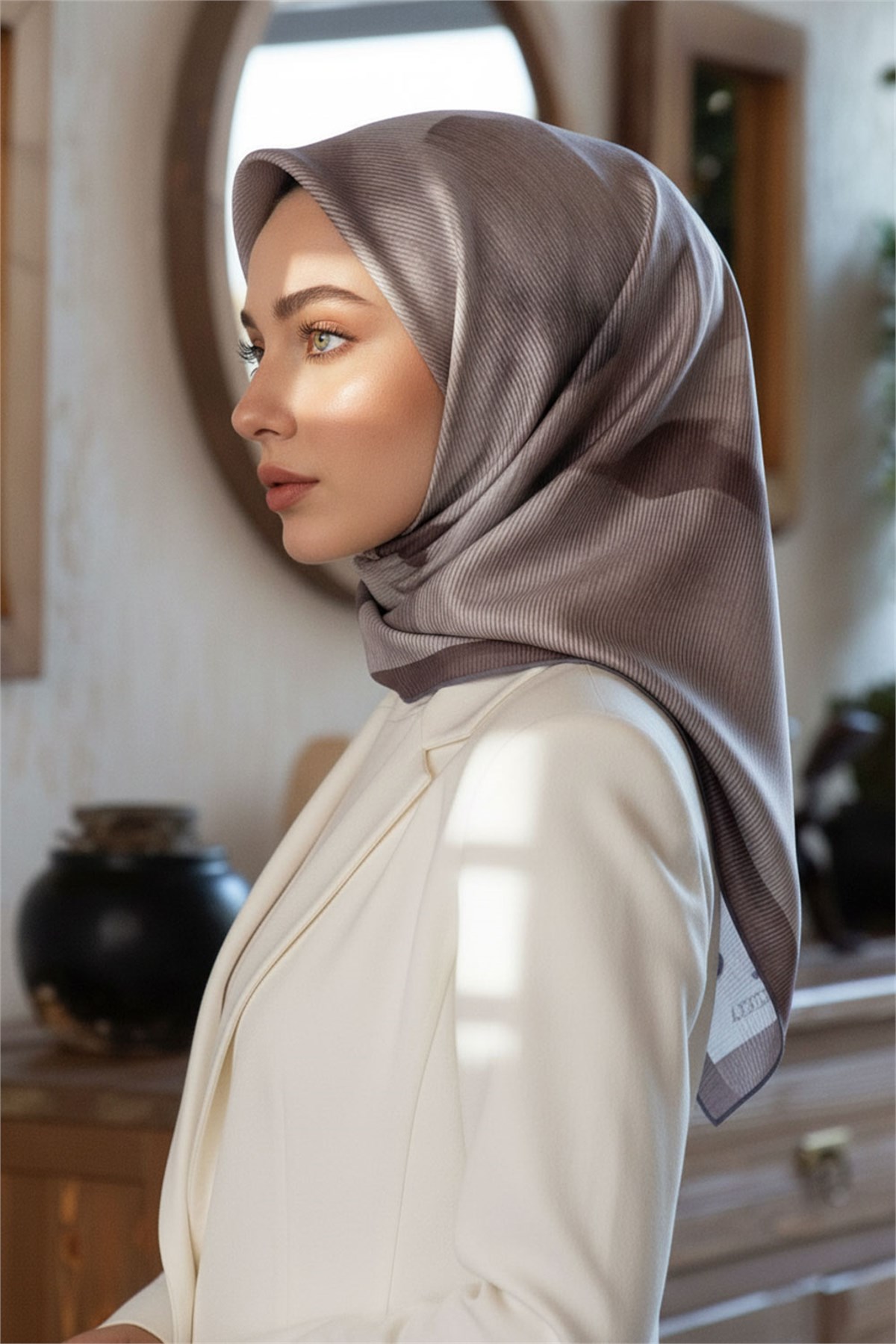%100 Twill İpek Yaprak Desenl Gri - Bej Renkli 90x90 Eşarp Dikim Şekli : El Dikişi