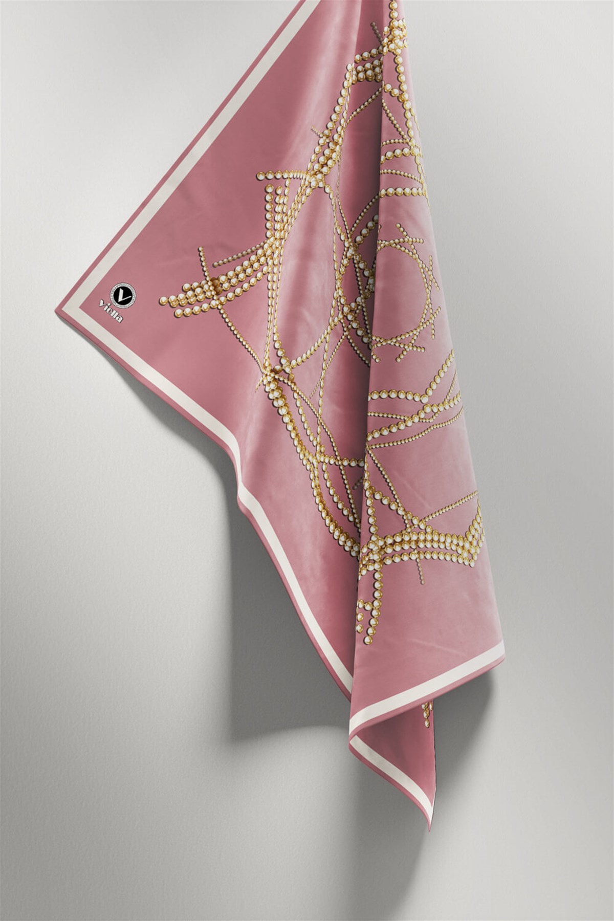 Twill Boncuk Desenli Pudra Renkli 90x90 Eşarp (İpek İçermez) Kenar Dikiş Şekli El Dikişli