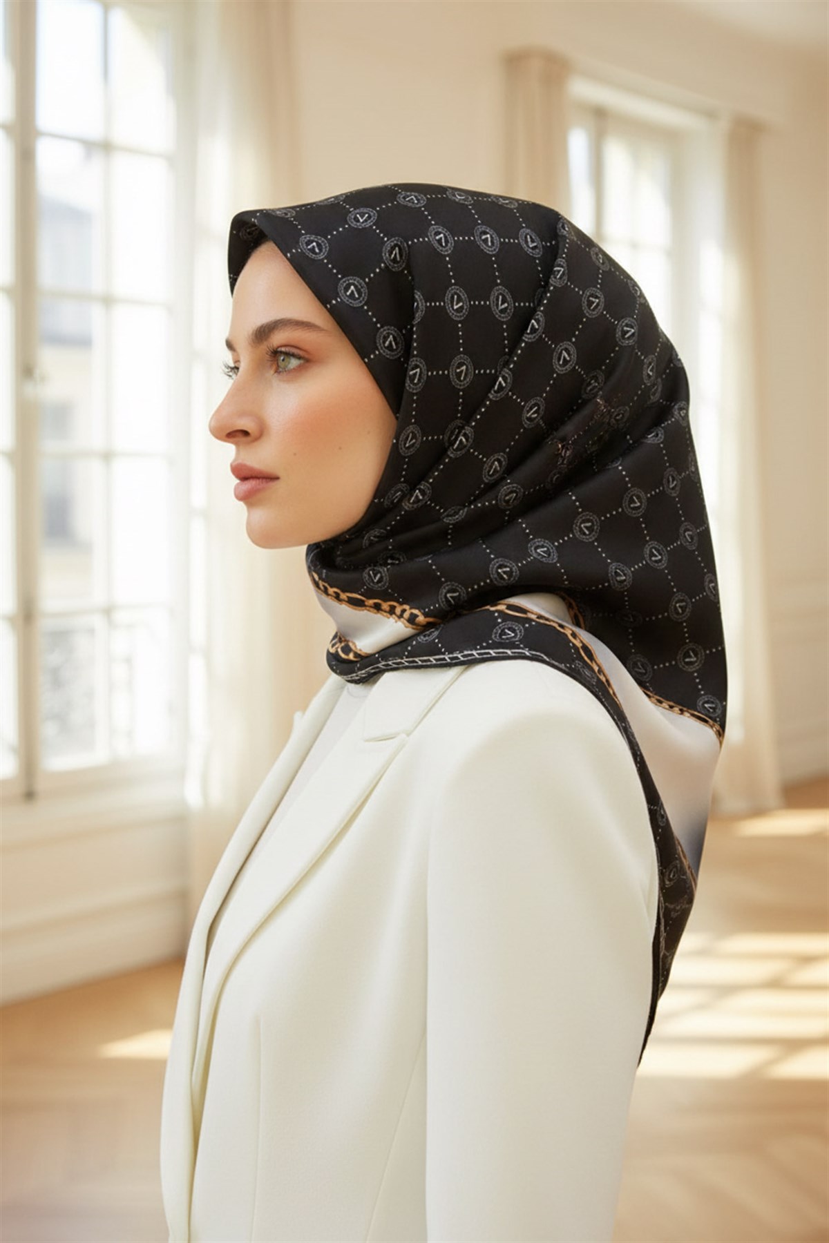 %100 Twill İpek Zincirli Ve Monogram Desenli Siyah - Krem Renkli 90x90 Eşarp Dikim Şekli : El Dikişi