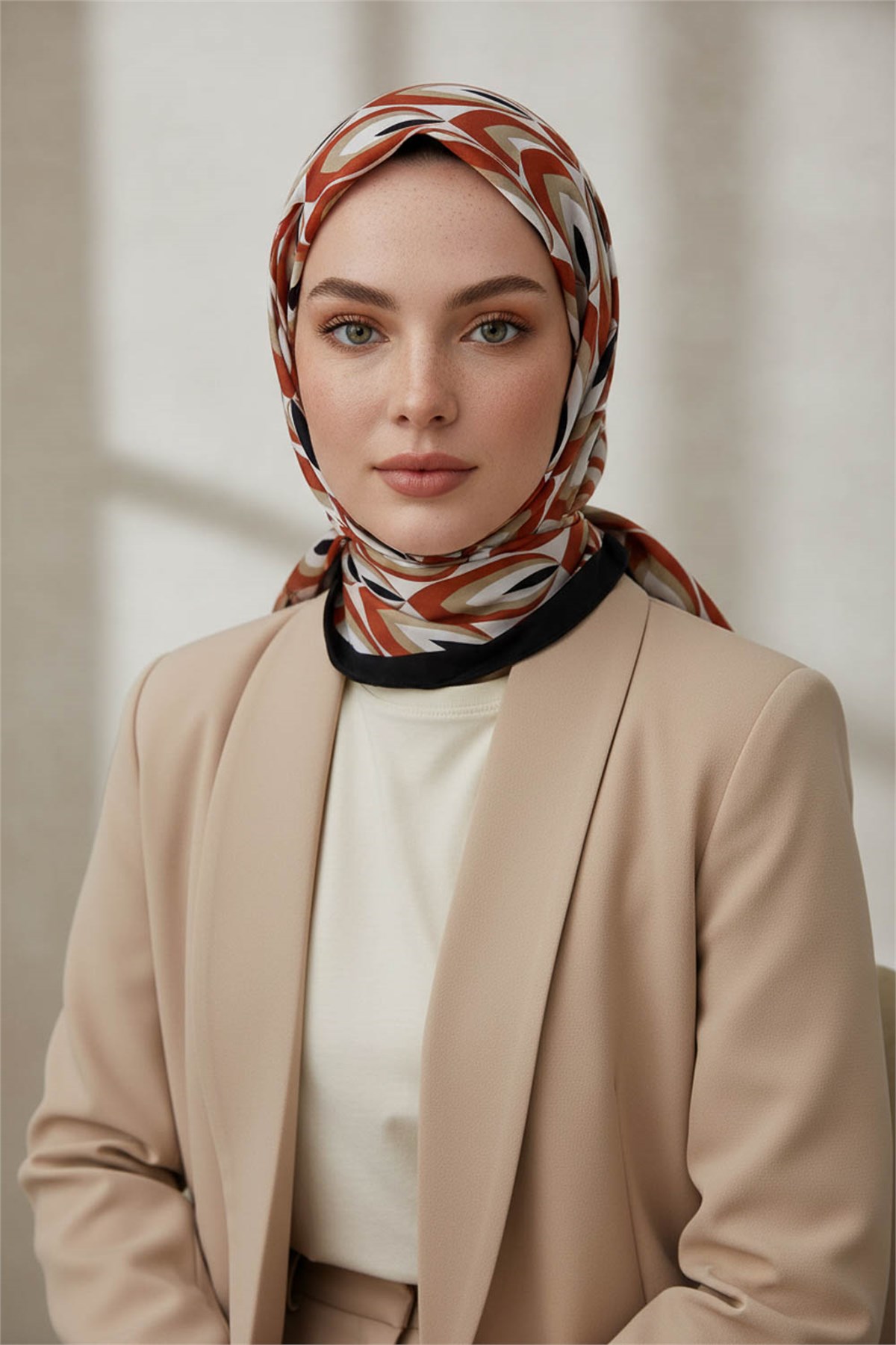 KREP GEOMETRİK DESENLİ TABA RENKLİ 75X195 KIRIŞMAZ ŞAL