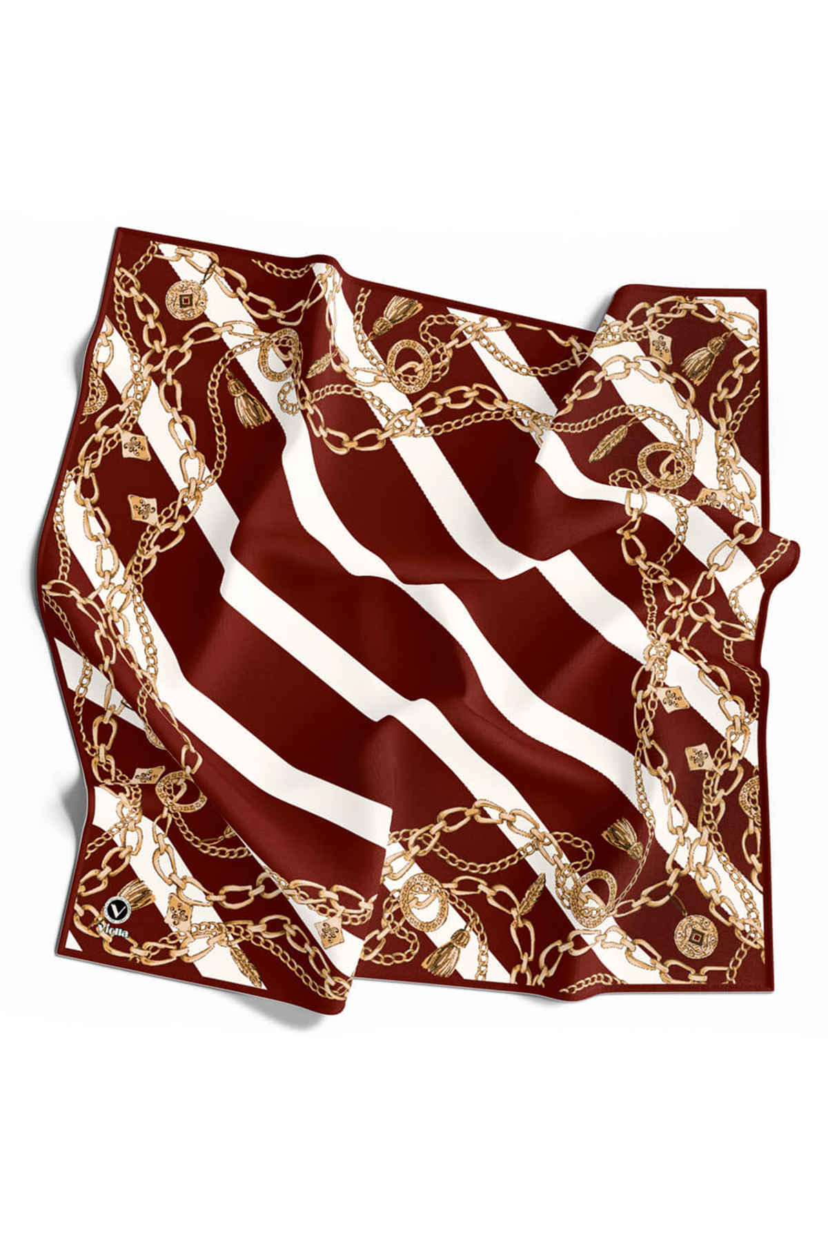 Twill Çizgili Zincir Desenli Bordo Renkli 90x90 Eşarp (İpek İçermez) Kenar Dikiş Şekli El Dikişli