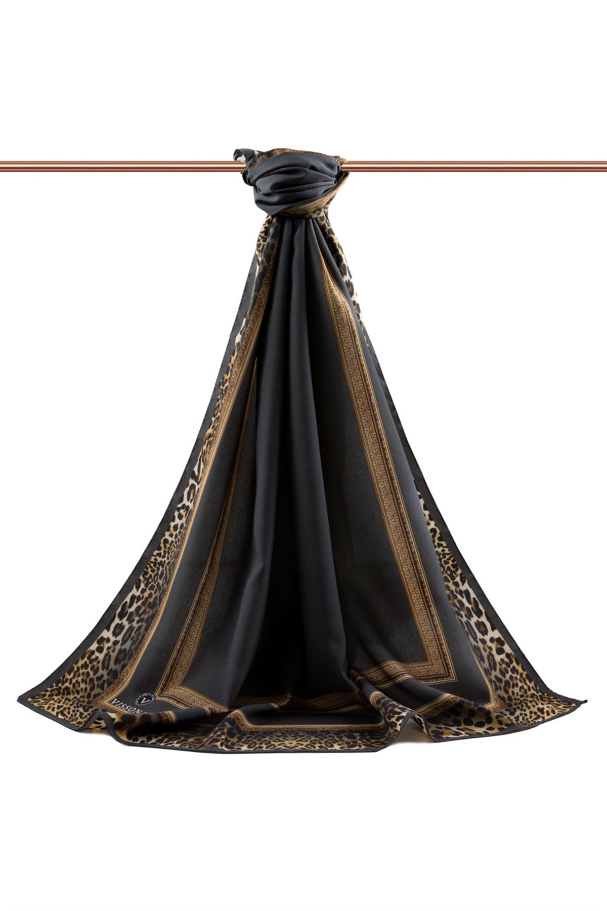 KREP LEOPAR BORDÜR DESENLİ FÜME RENKLİ 75X195 KIRIŞMAZ ŞAL