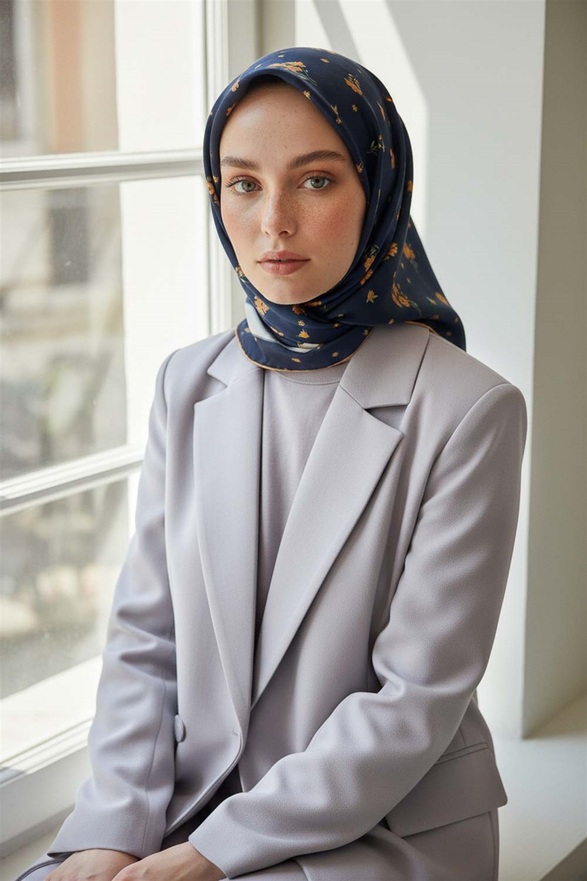 100% Twill İpek Bordürlü Çıtır Çiçek Desenli Lacivert - Gold Renkli 90x90 Dikim Şekli : El Dikişi Eşarp