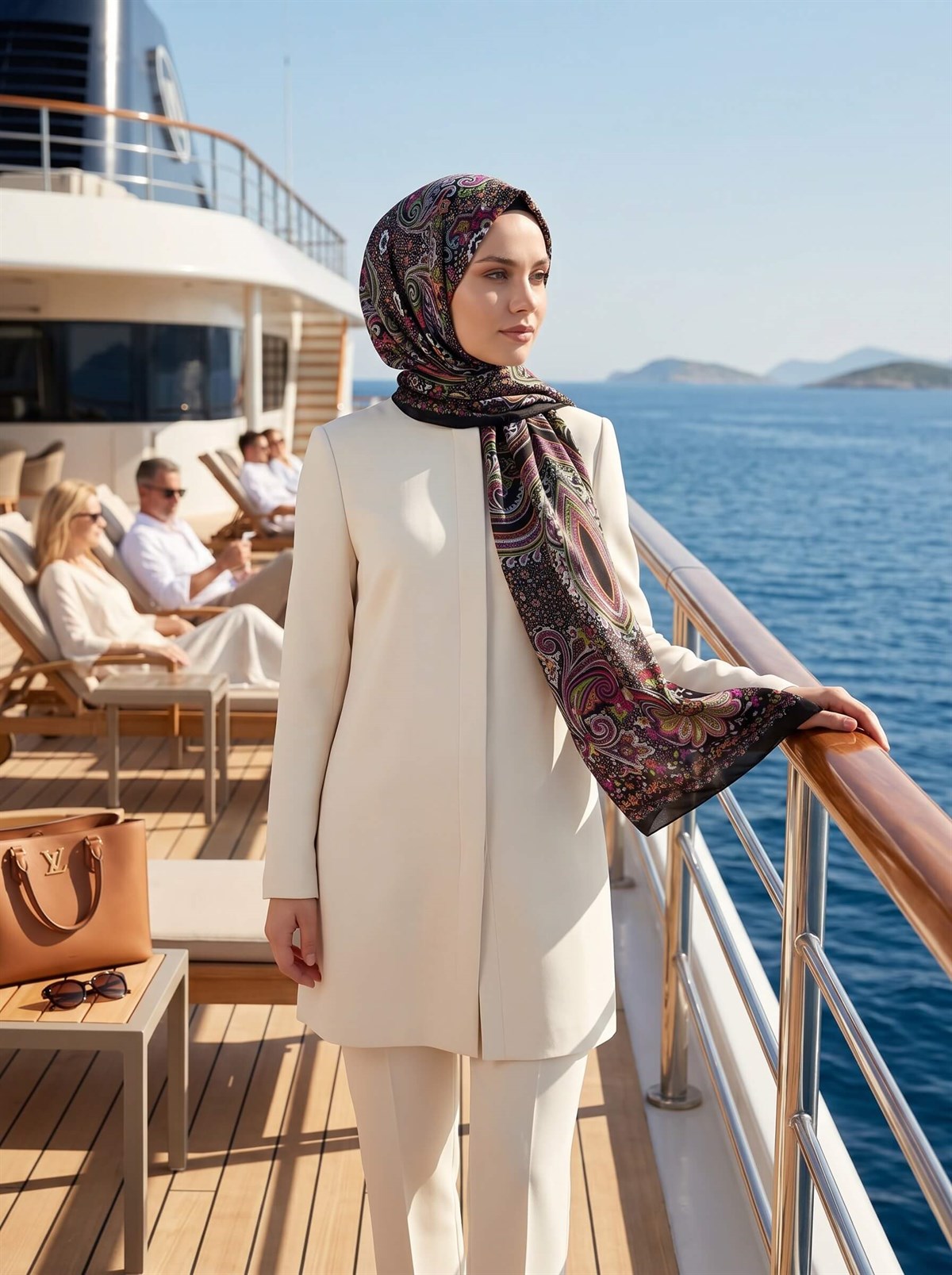 %100 Saf İpek Şal İnce Saten Vual Dokuma Etro Desenli Siyah - Turuncu Renkli 90x210 Şal