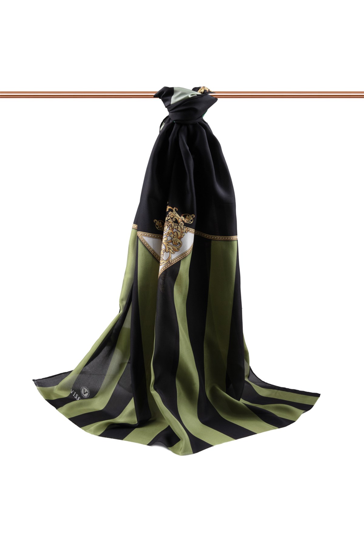 %100 İpek Şerit Ve Varak Desenli Haki - Siyah Renkli 92x210 Şal