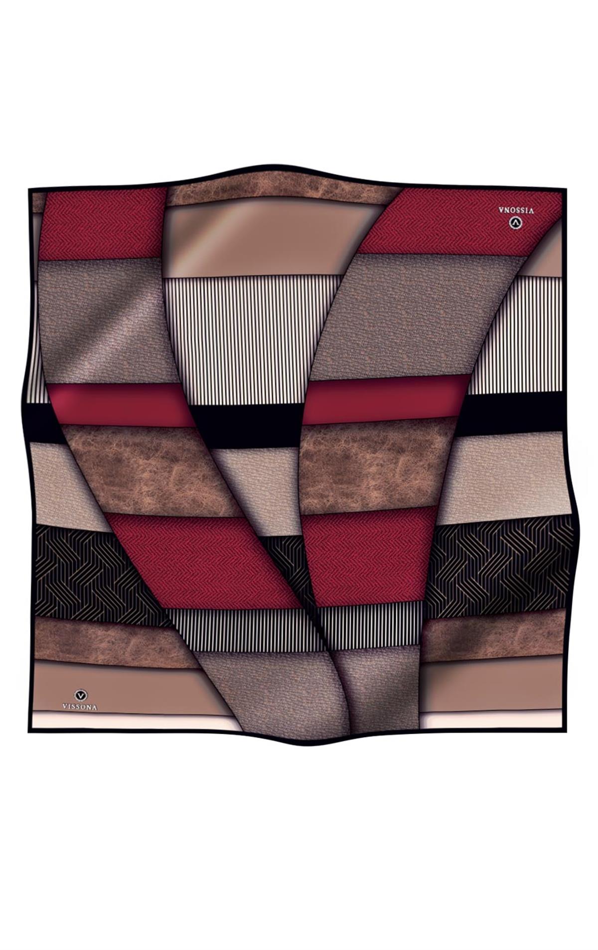 %100 Twill İpek Dokulu ve Geometrik Desenli Bordo - Bej Renkli 90x90 Eşarp Dikim Şekli : El Dikişi