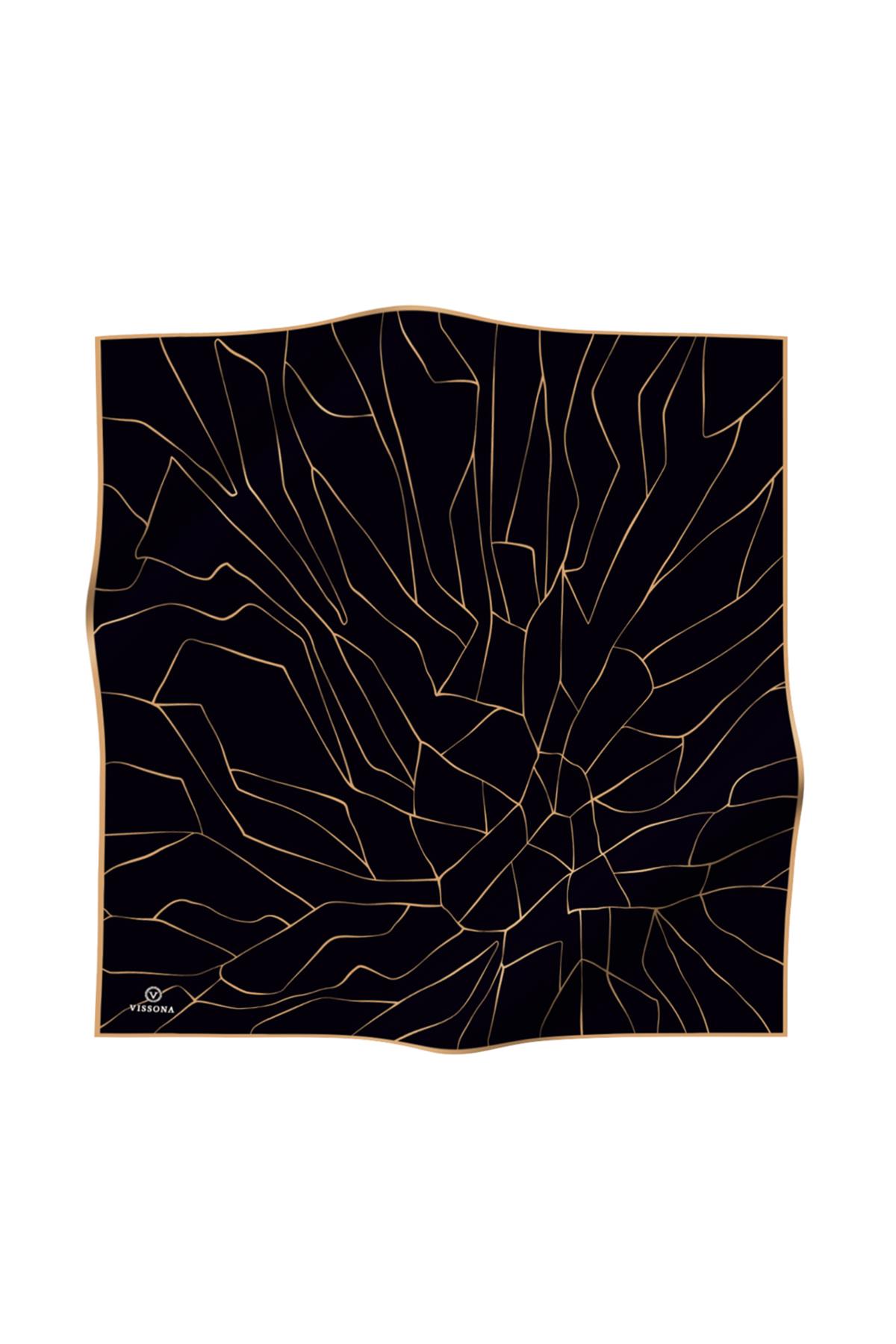 %100 Twill İpek Çizgi Desenli Siyah - Gold Renkli 90x90 Eşarp Dikim Şekli : El Dikişi