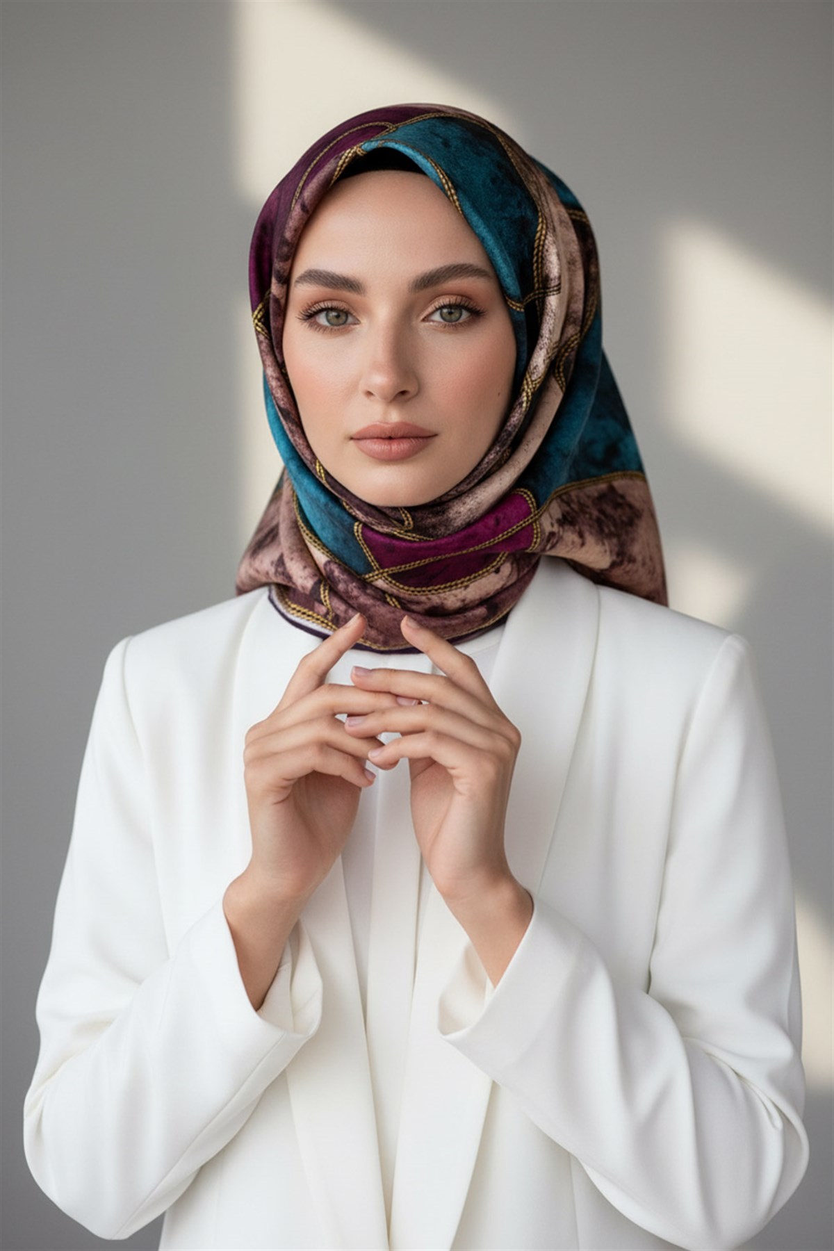 %100 Twill İpek Zincirli Mermer Desenli Mürdüm - Petrol Mavisi Renkli 90x90 Eşarp Dikim Şekli : El Dikişi