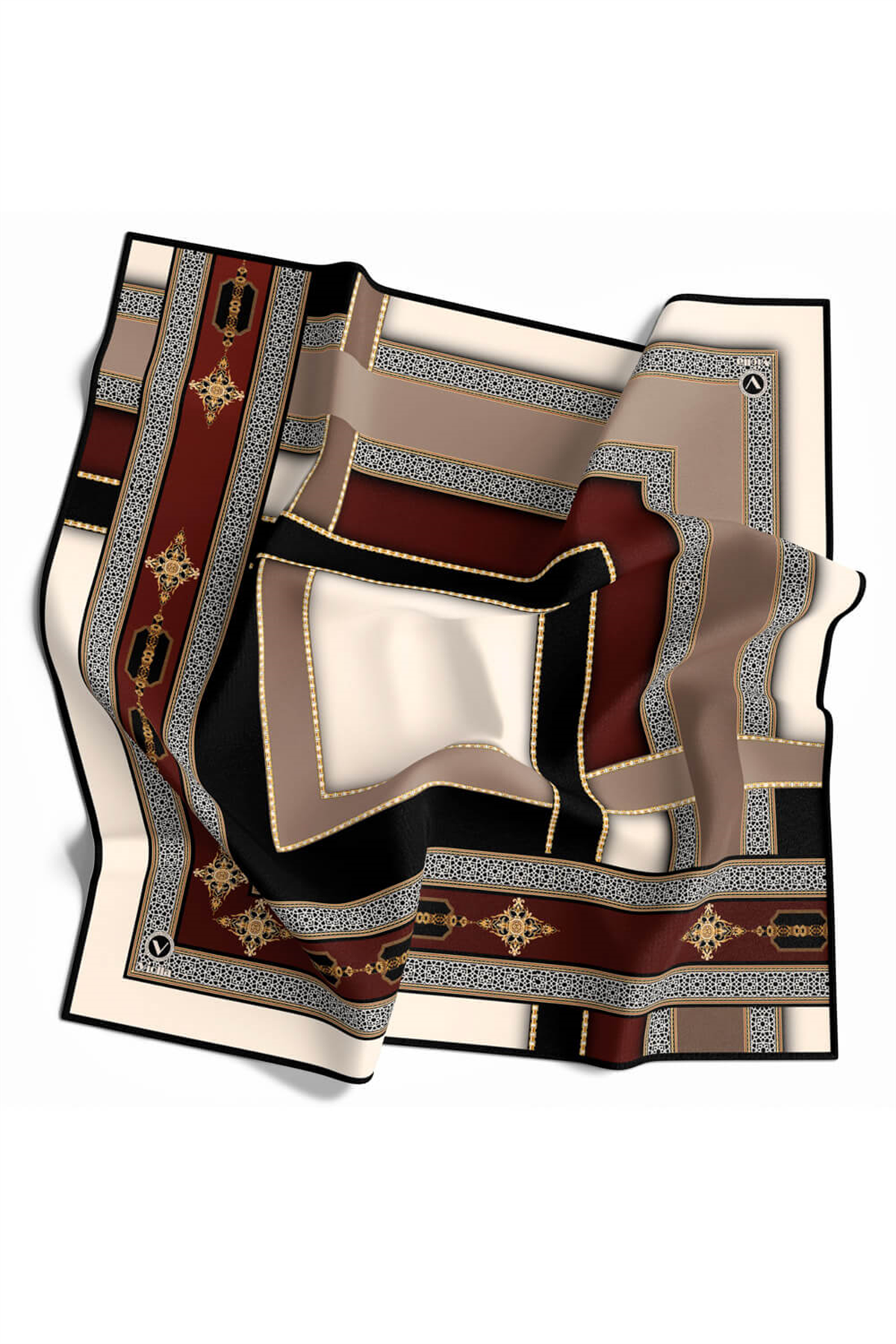 Twill Gold Detaylı ve Antik Motif Desenli Bordo Renkli 90x90 Eşarp (İpek İçermez) Kenar Dikiş Şekli El Dikişli