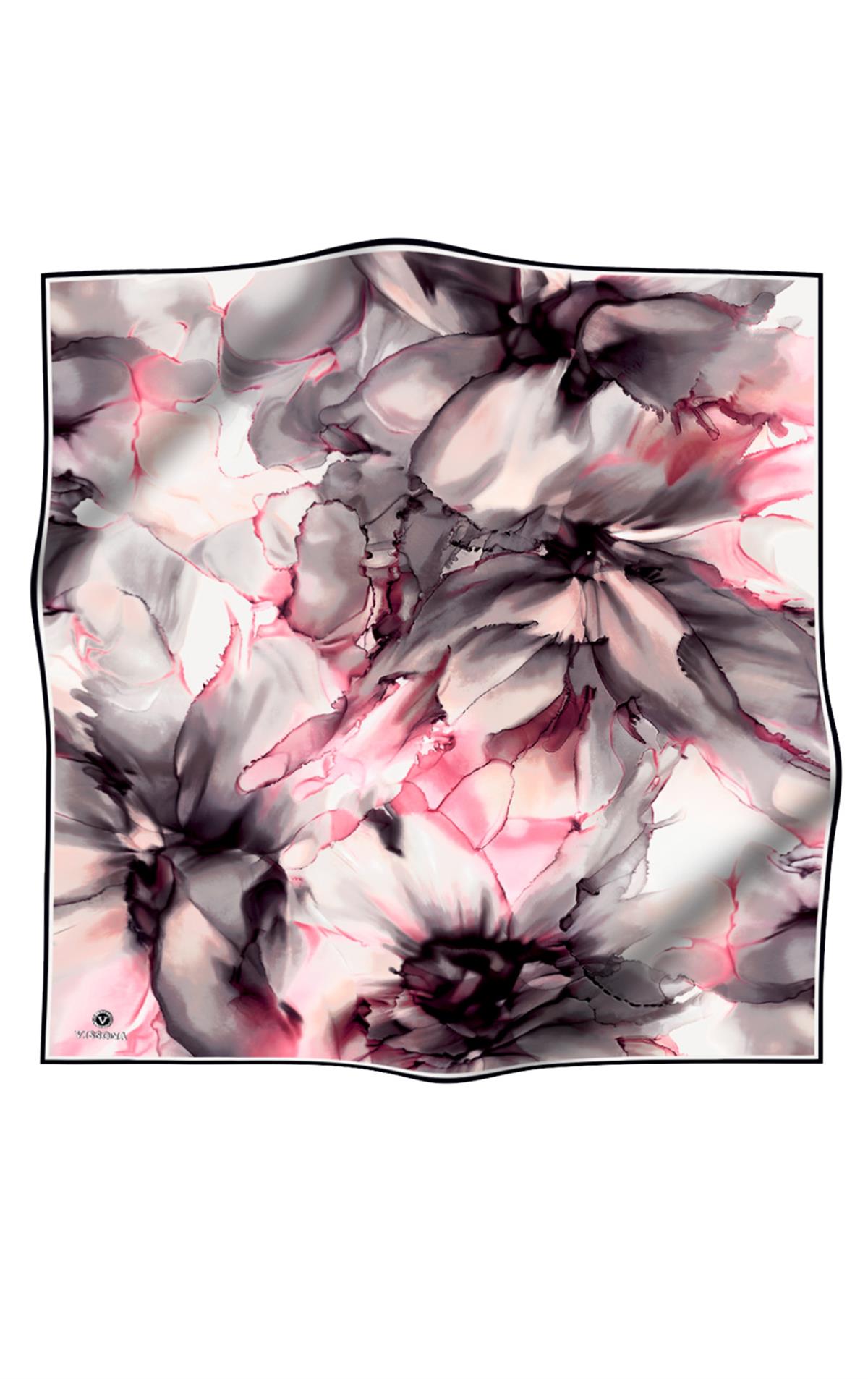 %100 Twill İpek Batik Çiçek Desenli Gri - Pembe Renkli 90x90 Eşarp Kenar Dikiş Şekli El Dikişli