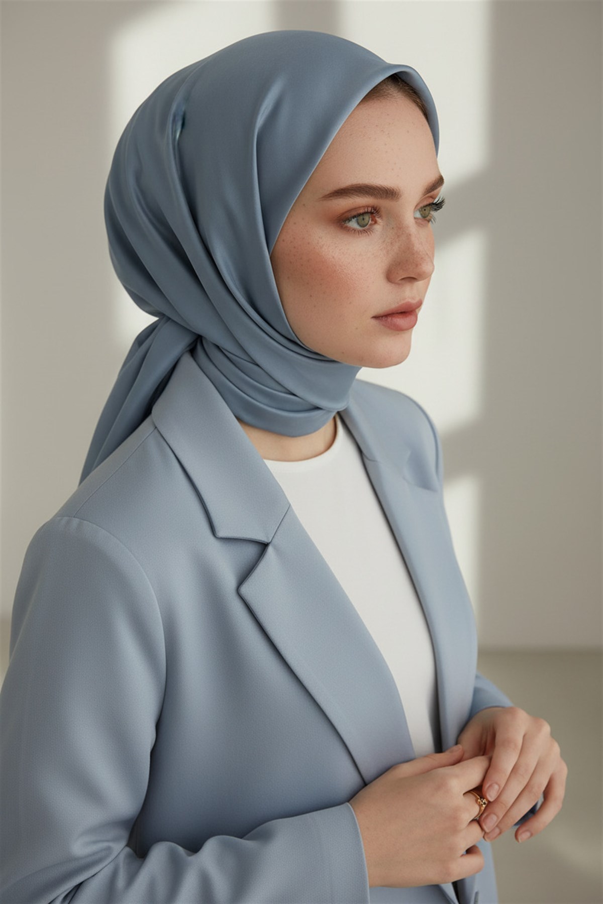 Viskon Twill İpek Az Hatalı Gri Mavi Renkli 90x90 Düz Eşarp Dikim Şekli : El Dikişi