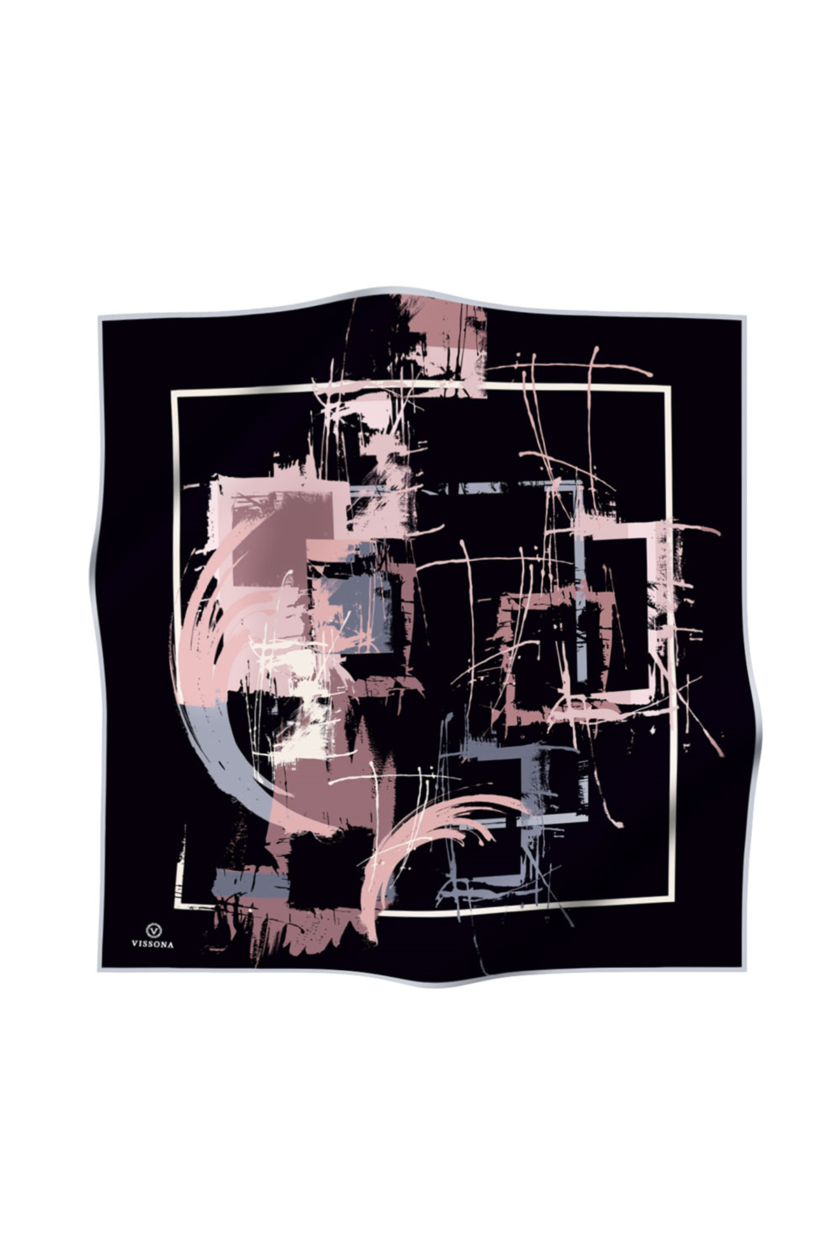 % 57 İPEK % 43 VİSKON Twill İpek Geometrik Desenli Siyah - Pudra Renkli 90x90 Eşarp Dikim Şekli : El Dikişi