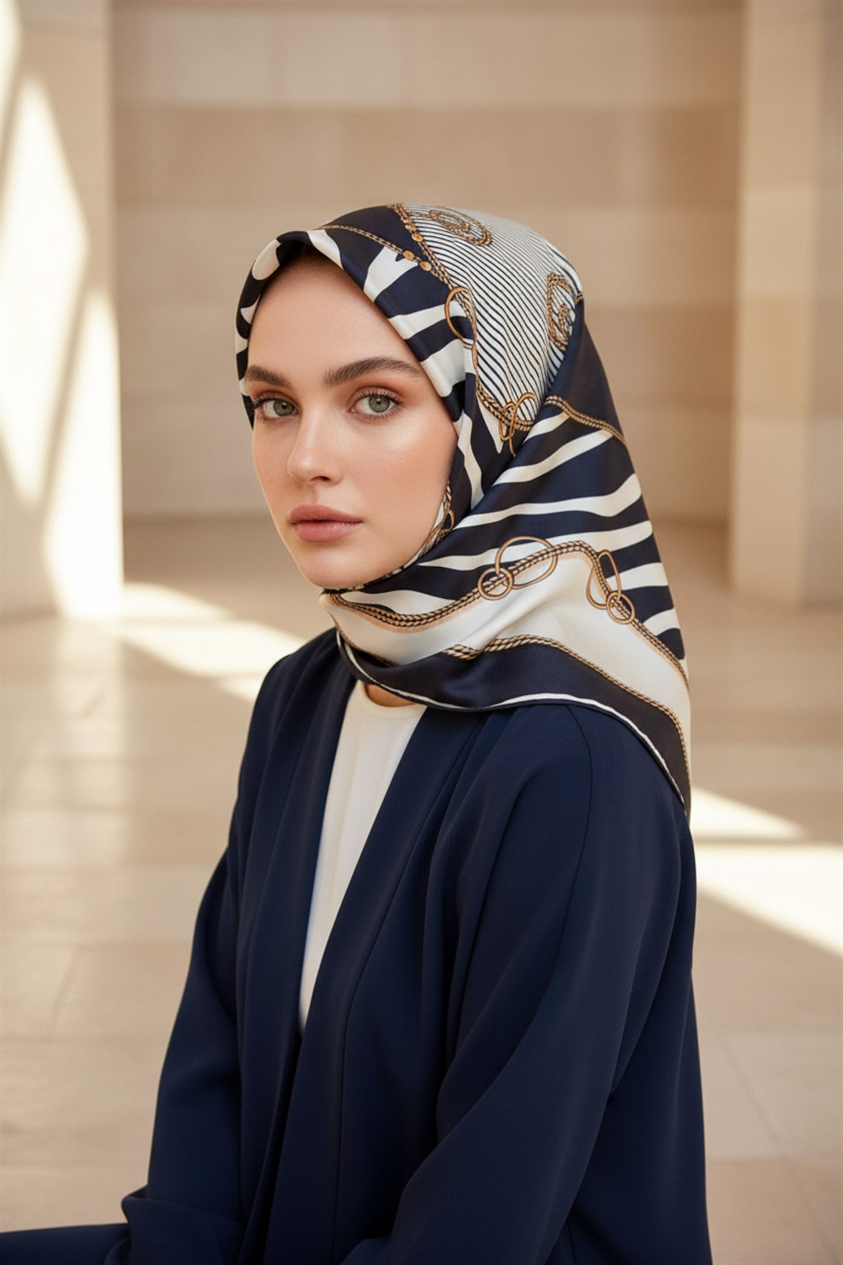 %100 Twill İpek Zincirli Ve Zebra Desenli Lacivert - Krem Renkli 90x90 Eşarp Dikim Şekli : El Dikişi