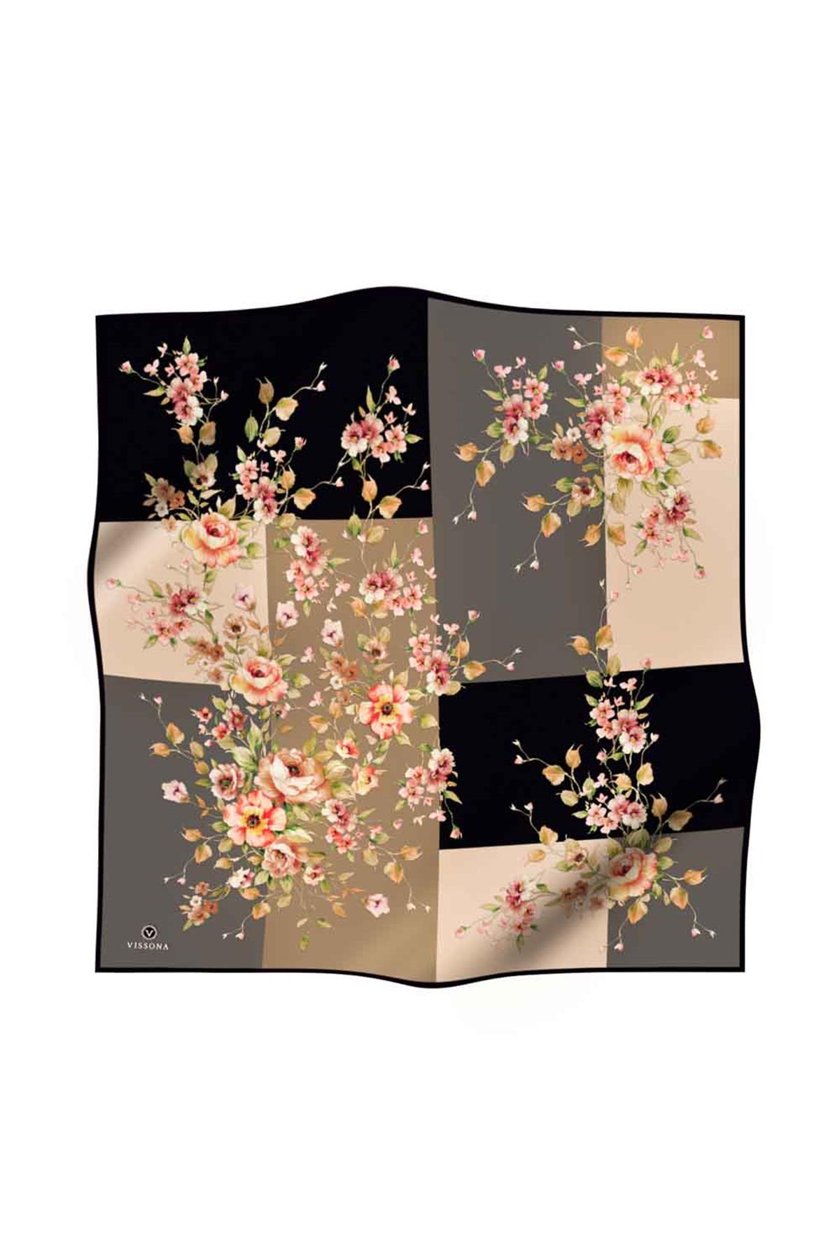 %100 Twill İpek Geometrik Ve Çiçek Desenli Siyah Renkli 90x90 Eşarp Dikim Şekli : El Dikişi