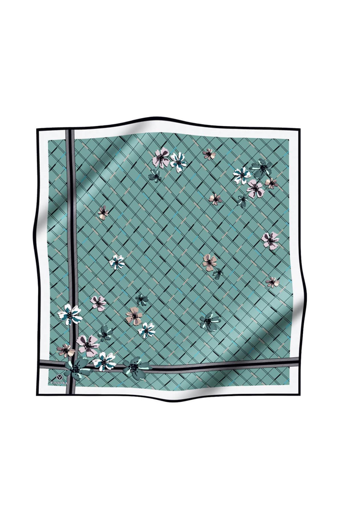 %100 Twill İpek Çıtır Çiçek Desenli Su Yeşili - Krem Renkli 90x90 Eşarp Dikim Şekli : El Dikişi