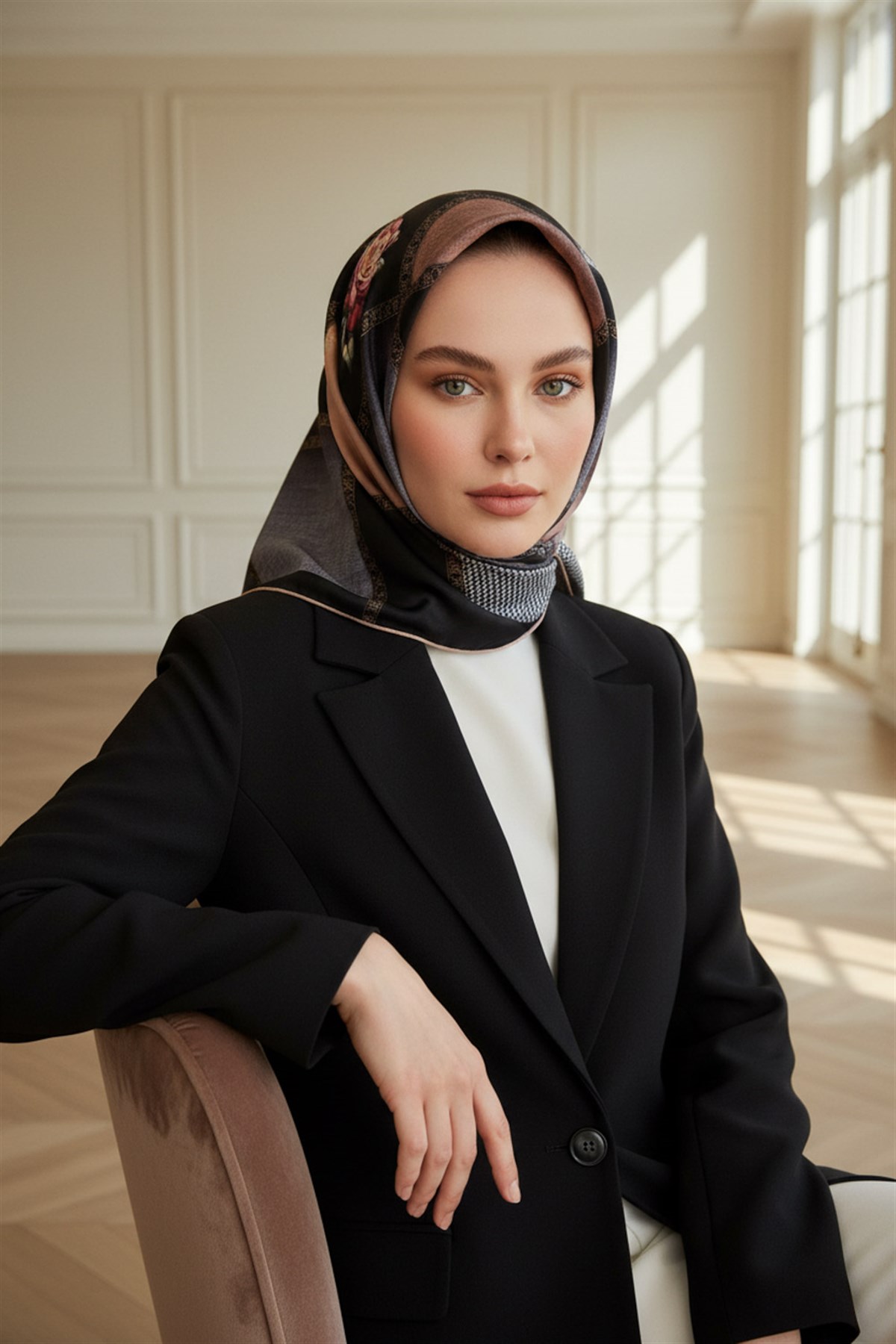 %100 Twill İpek Dokulu Çiçekli Ve Geometrik Desenli Pudra - Siyah Renkli 90x90 Eşarp Dikim Şekli : El Dikişi