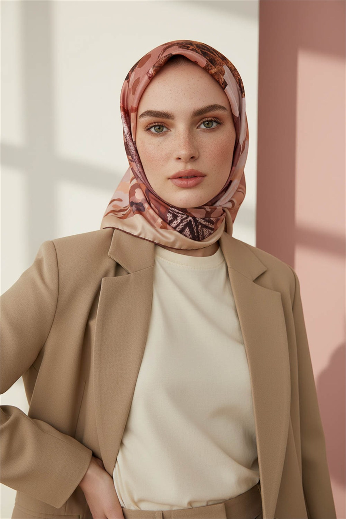 Kristal Batikli Ve Etnik Desenli Bakır Renkli 90x90 Eşarp (İpek İçermez) Kenar Dikiş Şekli El Dikişli