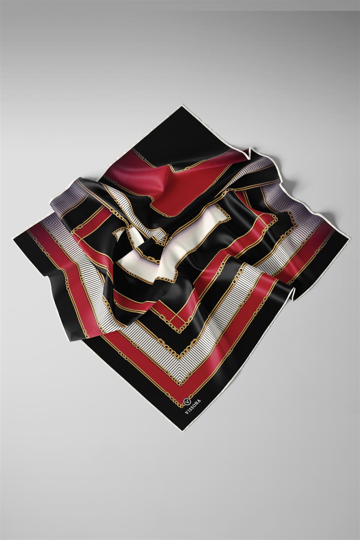 %100 Twill İpek Zincir Detaylı Geometrik Desenli Bordo - Siyah Renkli 90x90 Eşarp Dikim Şekli : El Dikişi