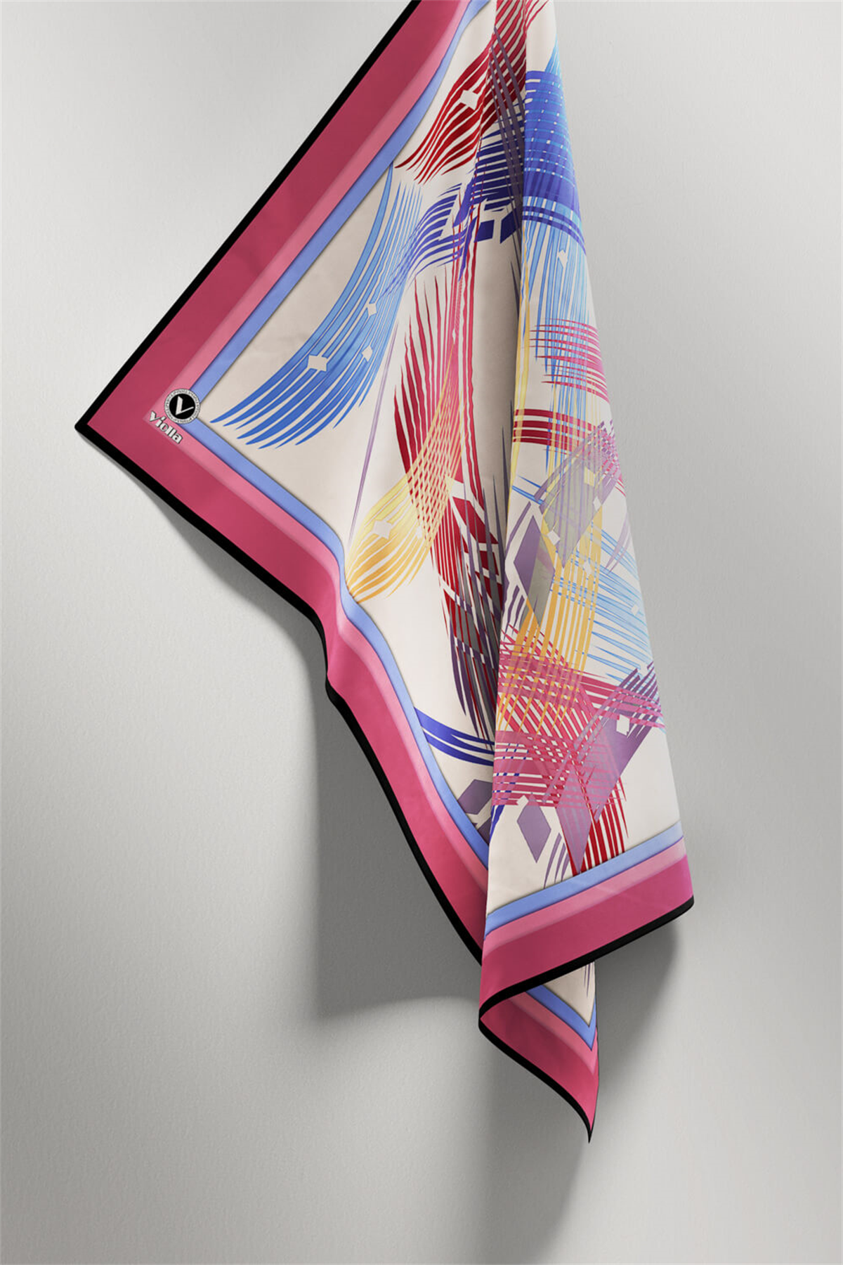 Twill Geometrik Desenli Pembe Renkli 90x90 Eşarp (İpek İçermez) Kenar Dikiş Şekli El Dikişli